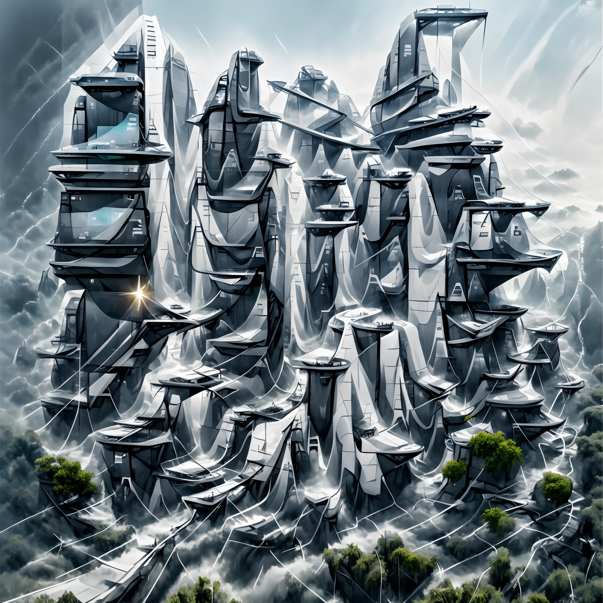 Airbrush drawing --v 5.1 style Futuristic design of an awesome sunny day environment concept art on a futuristic terrain with huge waterfalls,streams, mangroves,nature architecture, proportional,detailed,bright clouds, nature meets futuristic architecture by Santiago Calatrava and Vincent Callebaut with futuristic development, high rise made up staircases, balconies, full of composite glass facades, residential spaces carved from cliff side ,trending on artstation, beautiful lighting,In the style , fantasy, intricate, award winning, 4k, highest quality