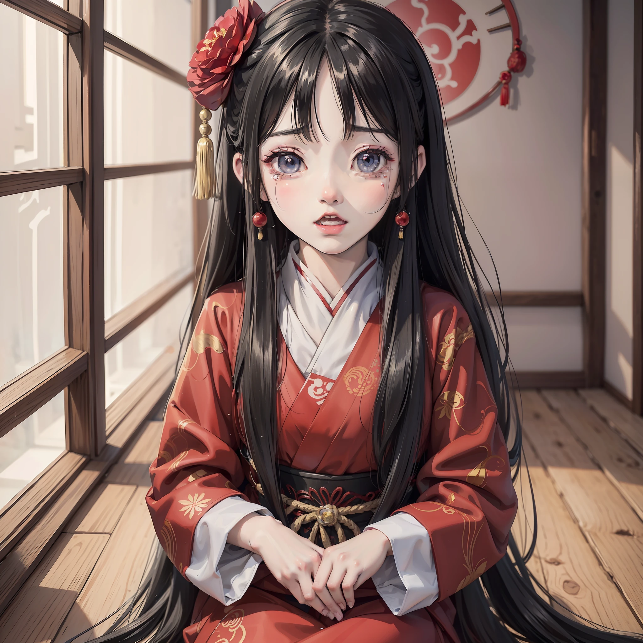 Ancient Chinese anime little girl with long black hair and about 10 years old wearing red Hanfu, red flower 1.3 (crying expression 1.5) (tears tears 1.8) (open mouth crying 1.2) (background is ancient Chinese room 1.5) anime style 4 K, anime rendering, Guvez style artwork, anime style. 8k, Guvitz, beautiful anime girl, beautiful anime face, cute anime girl (big eyes full of tears 1.5) (upper body display 1.5) (crystal beautiful eyes 1.5) (poor milk 1.3) (juvenile little girl 1.3) (cinematic light 1.5)