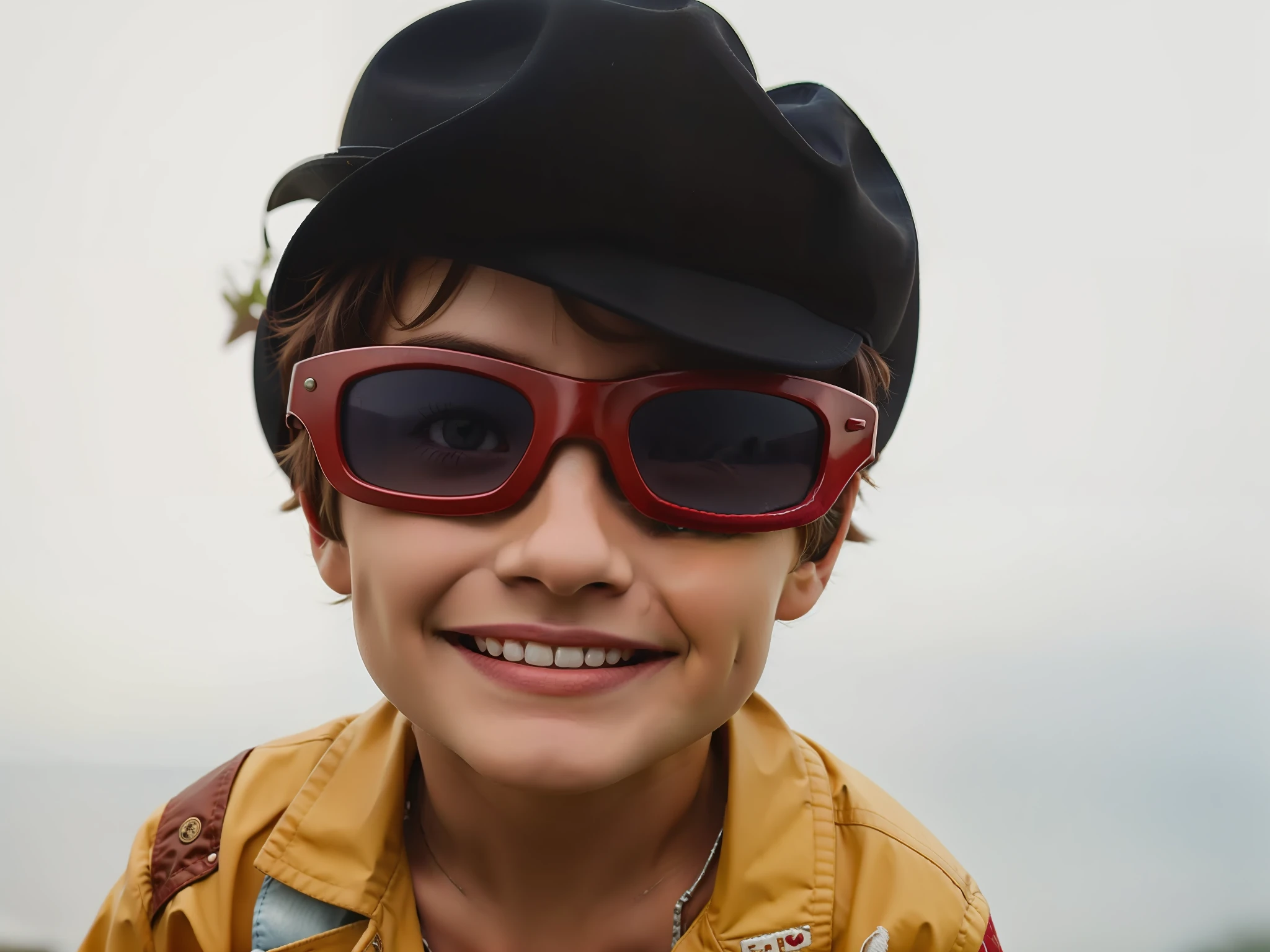 Add hat, clothing and cowboy jacket in the image of the smiling little boy and sapeca