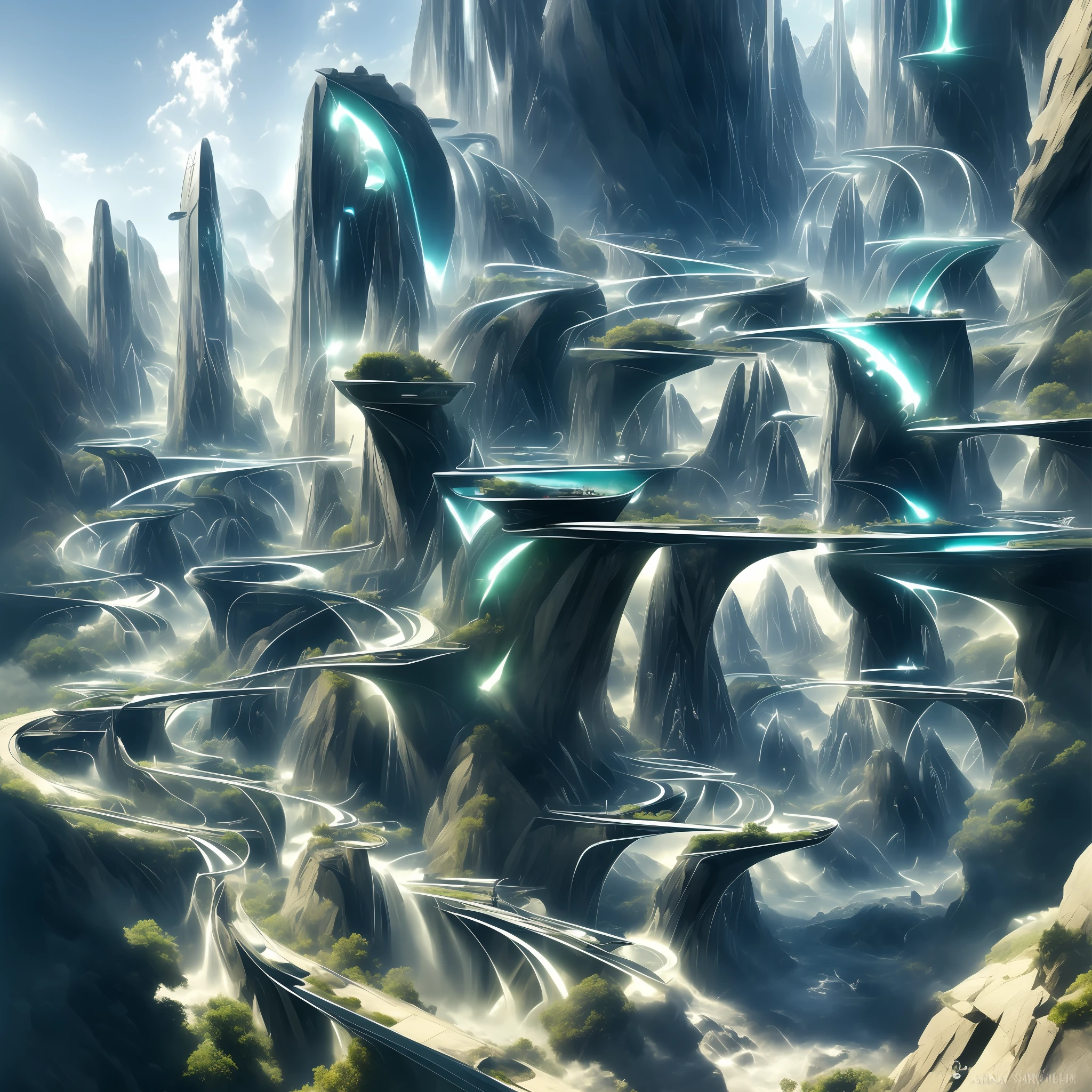 Airbrush drawing --v 5.1 style Futuristic design of an awesome sunny day environment concept art on a futuristic terrain with huge waterfalls,streams, mangroves,nature architecture, proportional,detailed,bright clouds, nature meets futuristic architecture by Santiago Calatrava and Vincent Callebaut with futuristic development, high rise made up staircases, balconies, full of composite glass facades, residential spaces carved from cliff side ,trending on artstation, beautiful lighting,In the style , fantasy, intricate, award winning, 4k, highest quality
