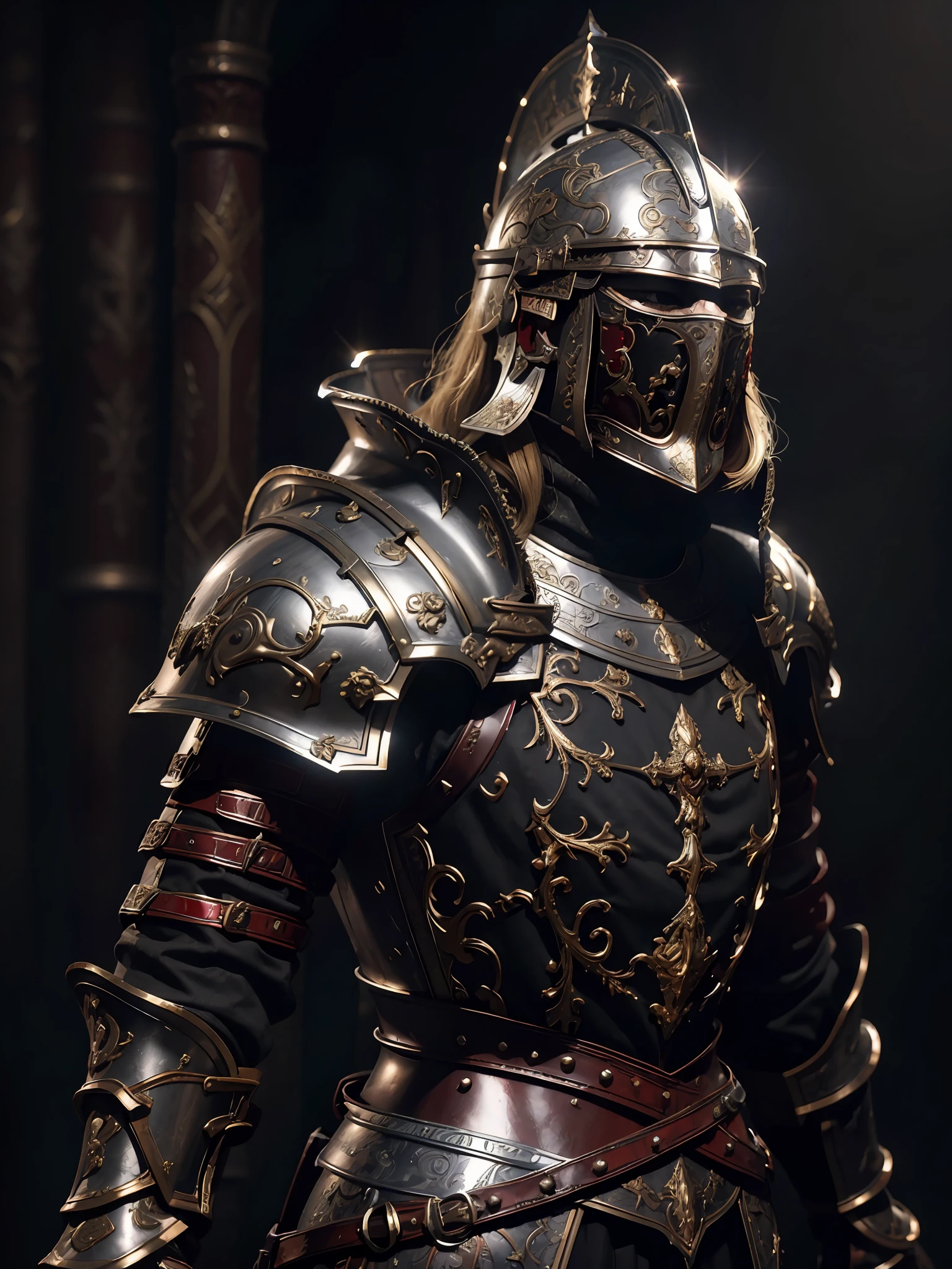 1girl, solo, female roman warrior with red helmet and cape, long black hair, angry, extremely beautiful girl, subtle makeup, silver hour, photorealistic, high contrast, 8k HD, detailed, hyper-detailed, realistic skin texture, blonde hair, huge chest, neckline, best quality, ultra high res, raw photo, dramatic lighting, unreal engine, intricate diffuse glow and silver tab, black cape, battlefield,  Standing