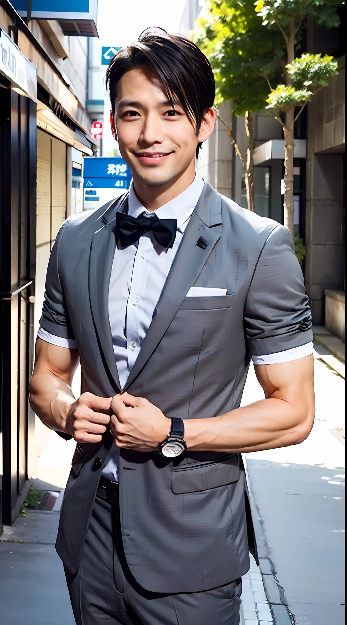 1boy, 35 years old Japanese male, (male:1.5), gray eyes, squint, (very short hair: 1.3), under_cut, ((shirt)), ((suit)), (handsome, sharp) , smile,))), (stout muscles), (stout physique), SFW, outdoors, detailed background, modern urban,