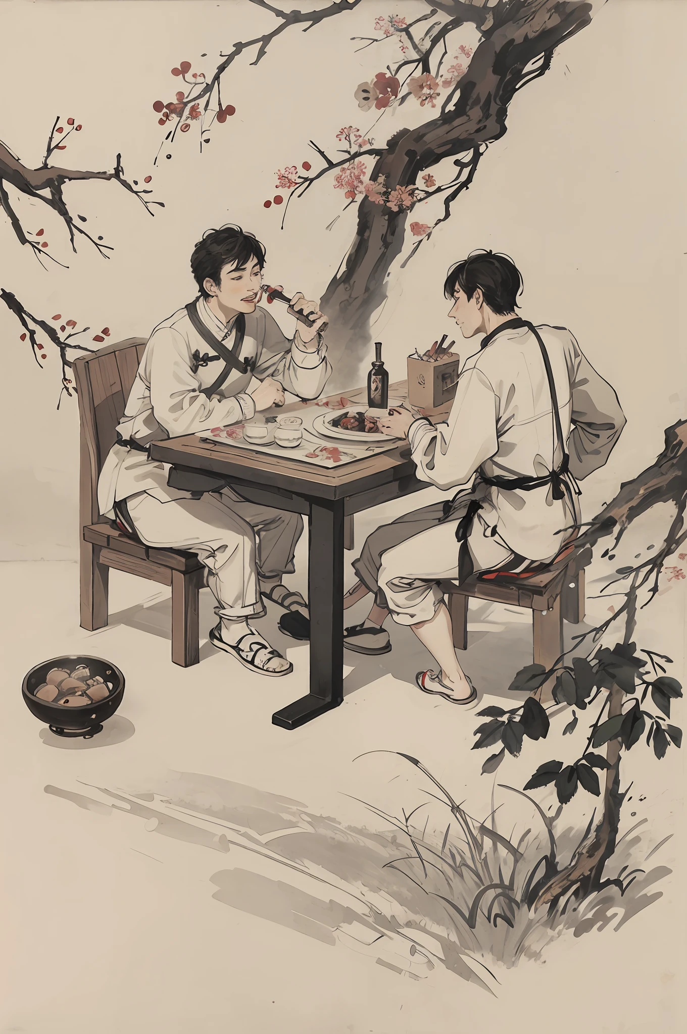(Masterpiece, best quality: 1.2), traditional Chinese ink painting, two adult males, waiting to eat, wine on the table.