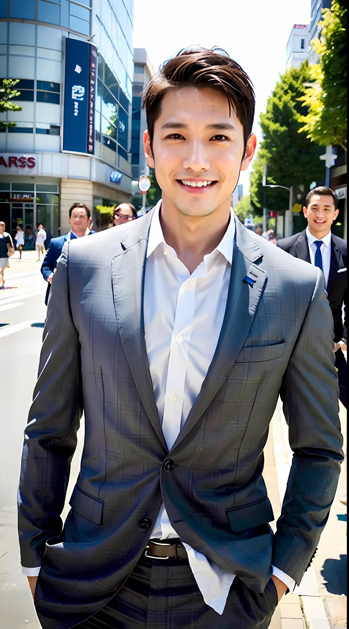 1boy, 35 years old Japanese male, (male:1.5), gray eyes, squint, (very short hair: 1.3), under_cut, ((shirt)), ((suit)), (handsome, sharp) , smile,))), (stout muscles), (stout physique), SFW, outdoors, detailed background, modern urban,