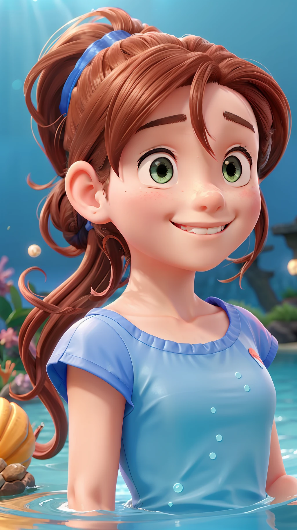 swimming, 8 year old girl, smiling, anime background, best, ponytail, seabed, coral