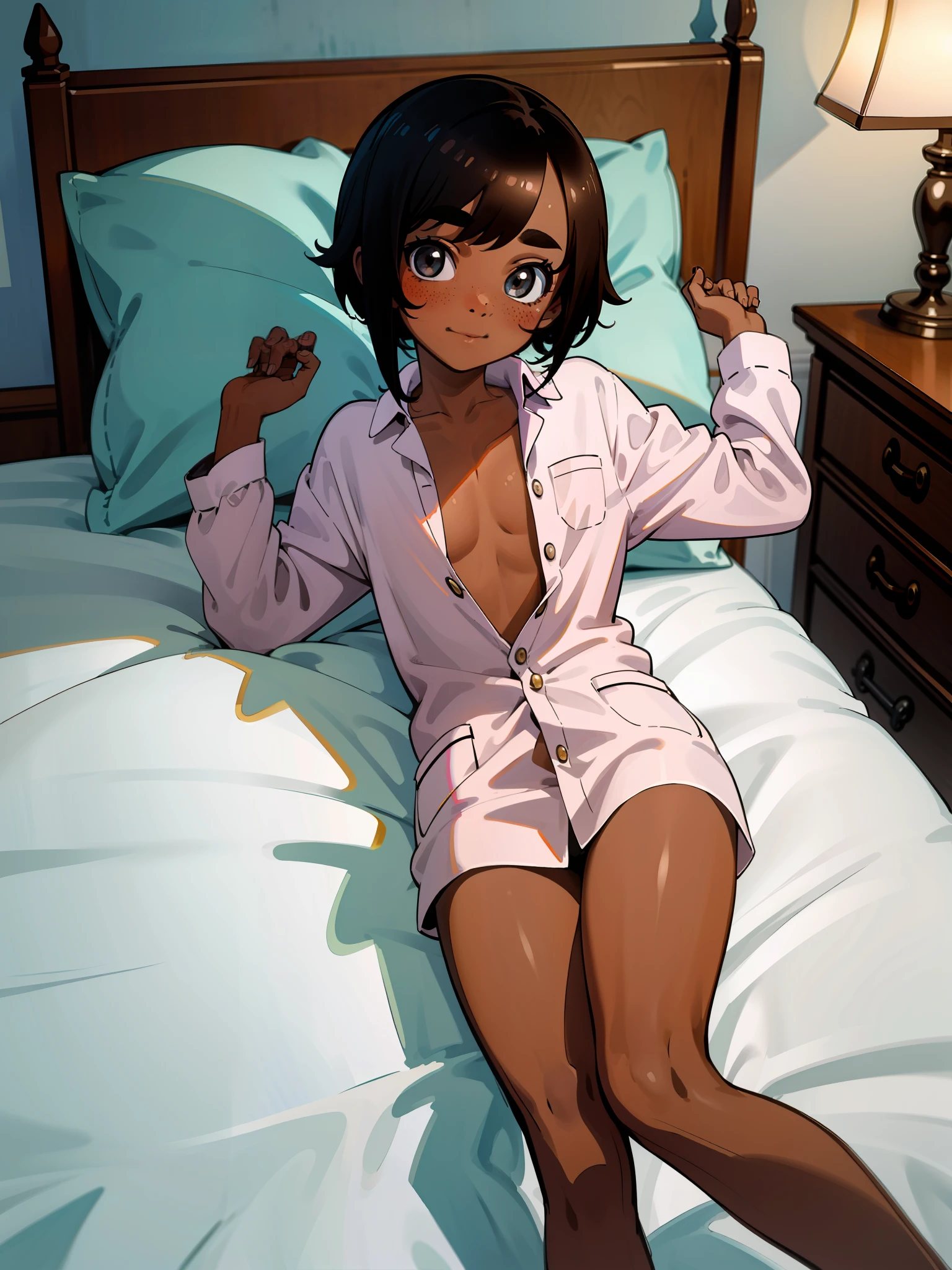 (8k, 4k, best quality, highres:1.2), (masterpiece, realistic, photo realistic:1.37), 1girl, solo, thick eyebrows, nose, freckles, (detailed eyes, looking at viewer, dark skin:1.5), full body, (open shirt:1.2), (open pajamas:1.2), (flat chest:1.2),, bedroom, two side up, (very short hair:1.2), (dark hair:1.2), (****:1.5), (tomboy:1.5), (excessive pubic hair)