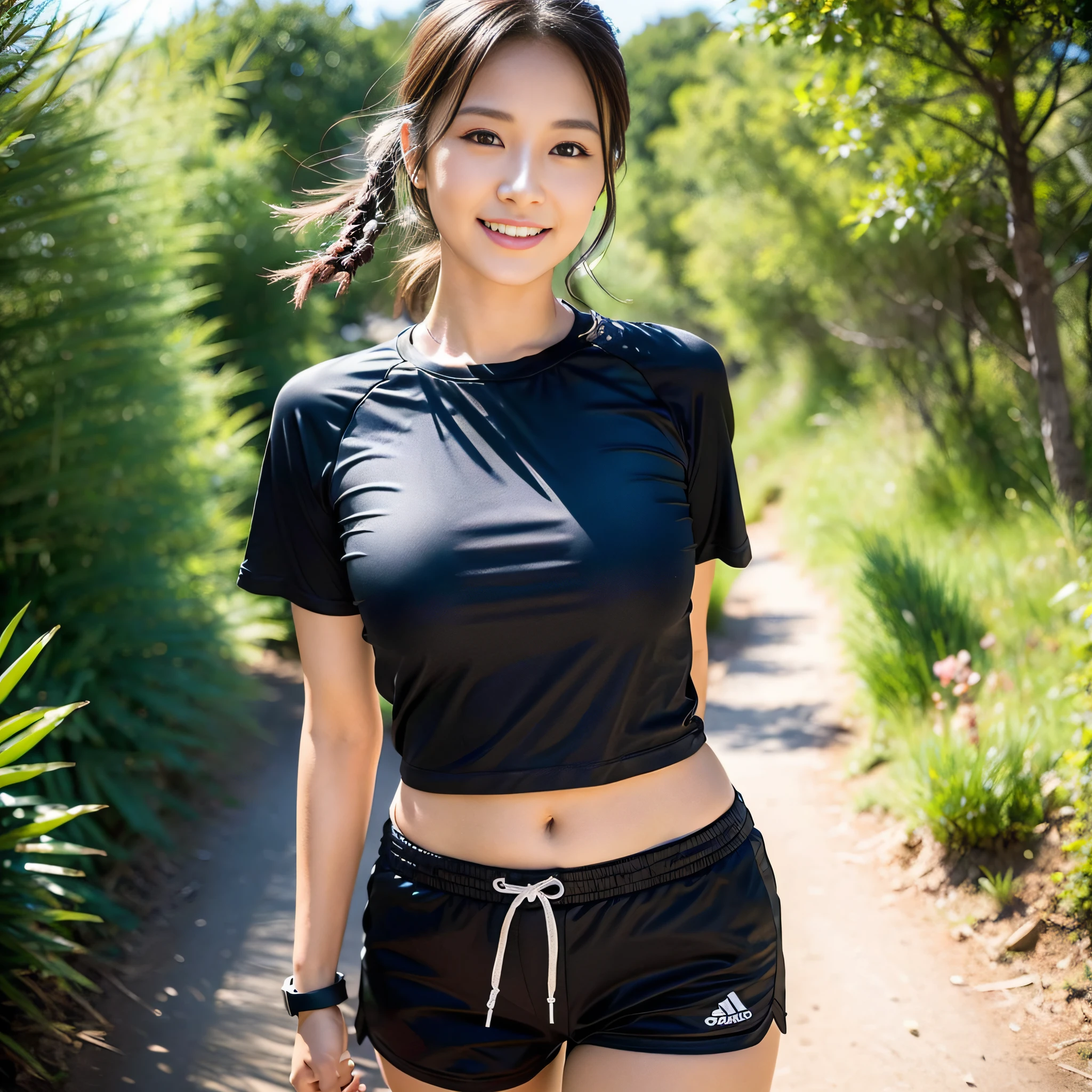 8yk, mountain landscape, running on dirt path, in nature, looking at viewer, raw photo, (masterpiece), (best quality), high resolution, 1girl, solo, (realistic, photorealistic: 1.2), (50mm Sigma f/1.4 Zeiss lens, f1.4, 1/800s, ISO 100, photo: 1.1), ultra detailed, physically based rendering, Beautiful Japan woman at 25 years old, (Very detailed face: 1.9), smaller face, looking ahead, detailed hands, middle body, middle breasts, middle hip, smile, black hair, great sweat, shiny skin, (white, long length: 1.2, t-shirt: 1.5): 0.2, black running shorts, two presses, Watch, sunshine on face, golden hour