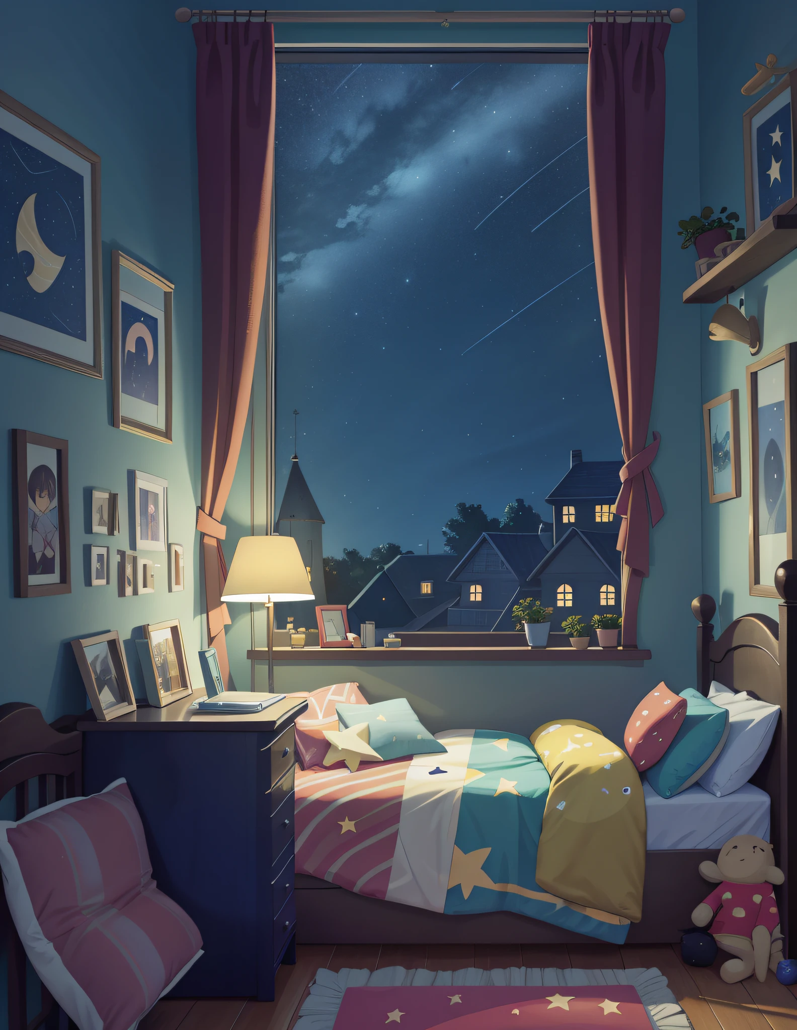A 's bedroom window showing the night sky, starry and magical night, dark room