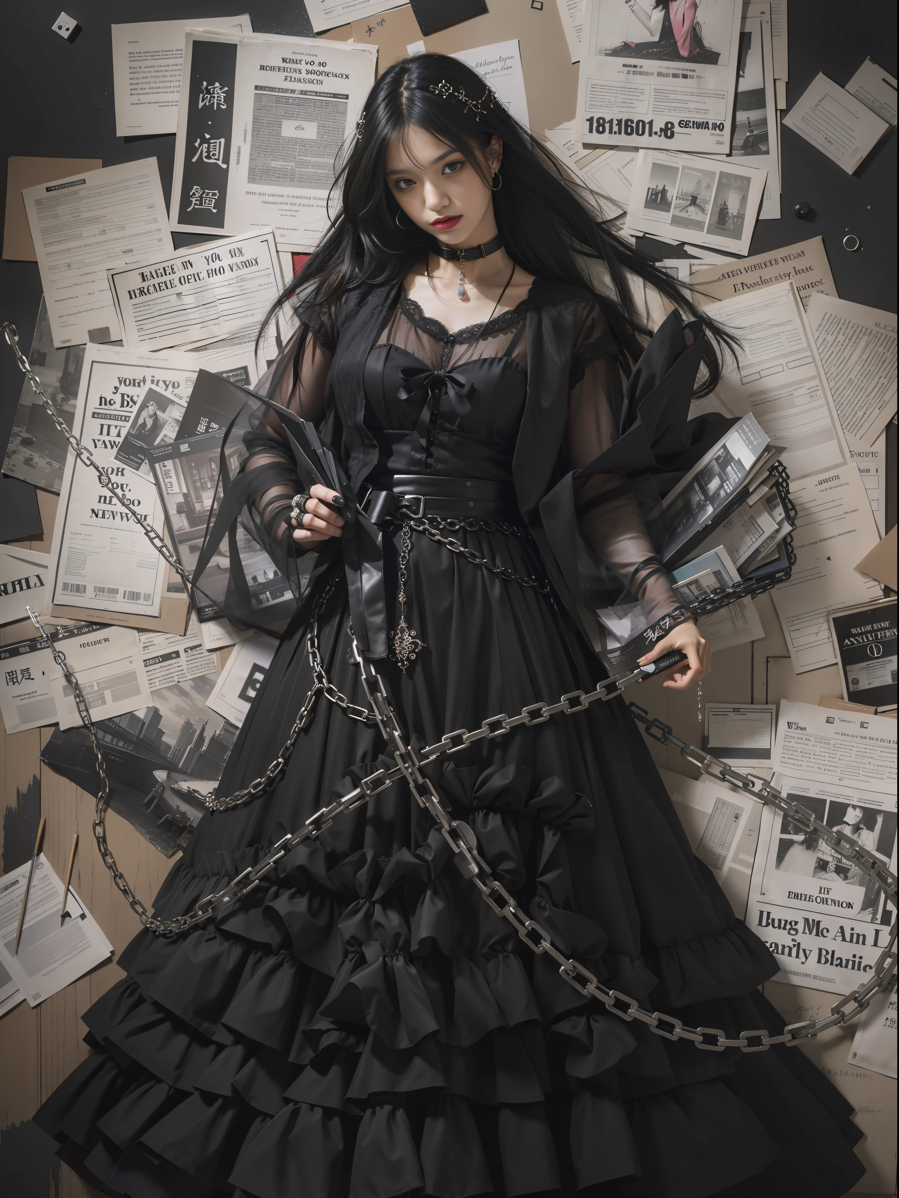 A woman in a gothic black dress, in the style of yuumei, magenta, neck wrapped in steel chains, obvious brushstrokes, clear brushstrokes, story-filled picture, old newspaper stacked paneled background, newspaper elements, pattern, long black hair, galactic eyes, dazzling light, special effects, line drawing, needle pen technique, charcoal brush strokes, clear details, master work
(masterpiece), realistic, HDR, highly detailed, 8k, original photo,
Ambient occlusion, nature, harmonious composition, cool colors, fine art photography,