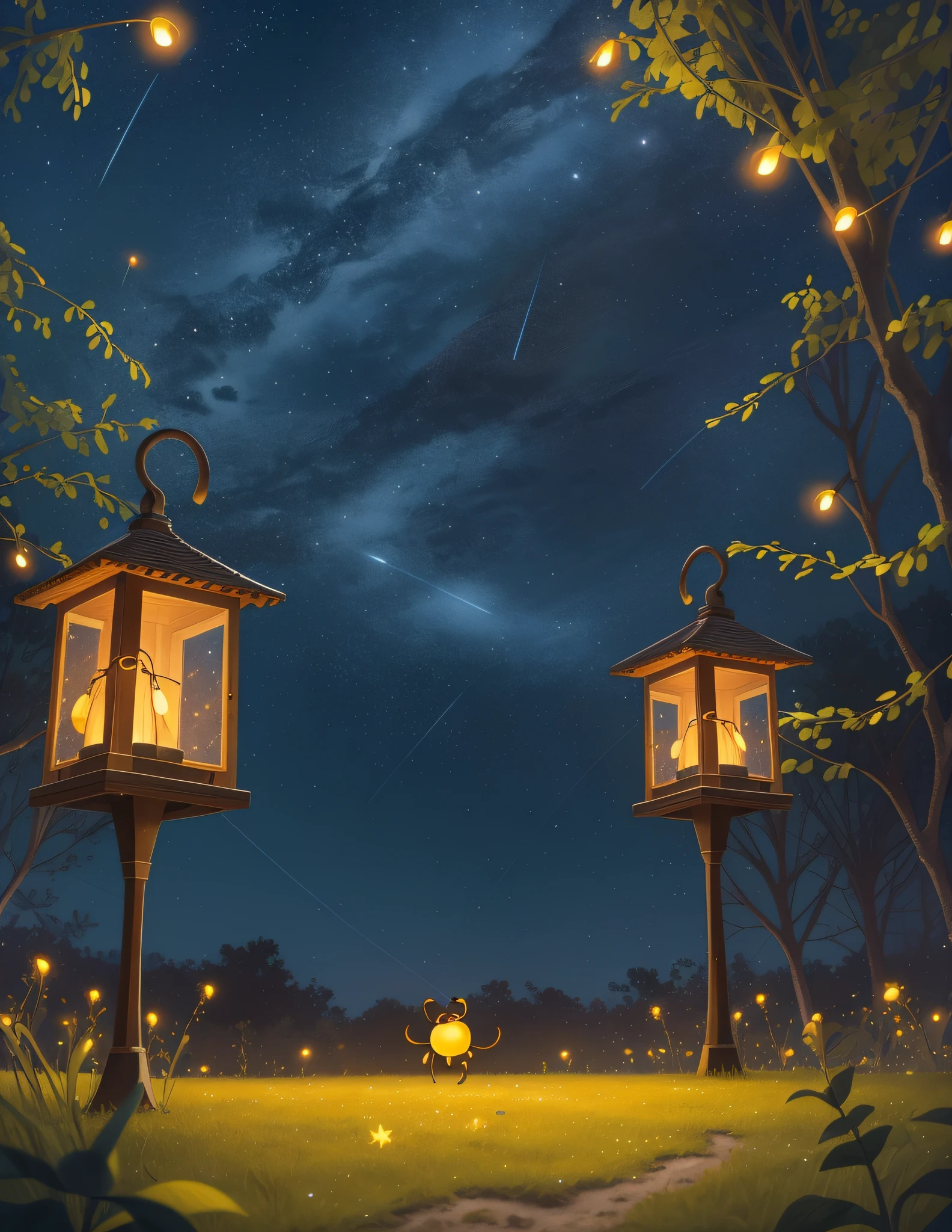 Fireflies flying in a square, night sky, magical night, bright fireflies (small fireflies), (illustration 8k), (Best quality) (Intricate details) (8K) (night sky)