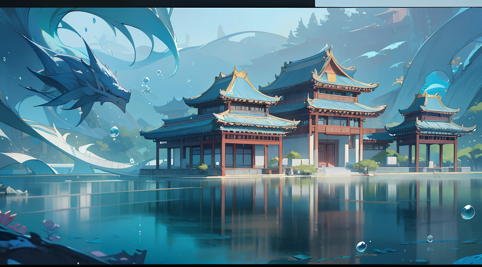 Ancient Chinese Palace, White Jade Palace Under the Sea, Underwater, Bubbles, Current, (Illustration: 1.0), Epic Composition, Natural Light, HD Details, Masterpiece, Best Quality, (Very Detailed CG Unity 8k Wallpaper)