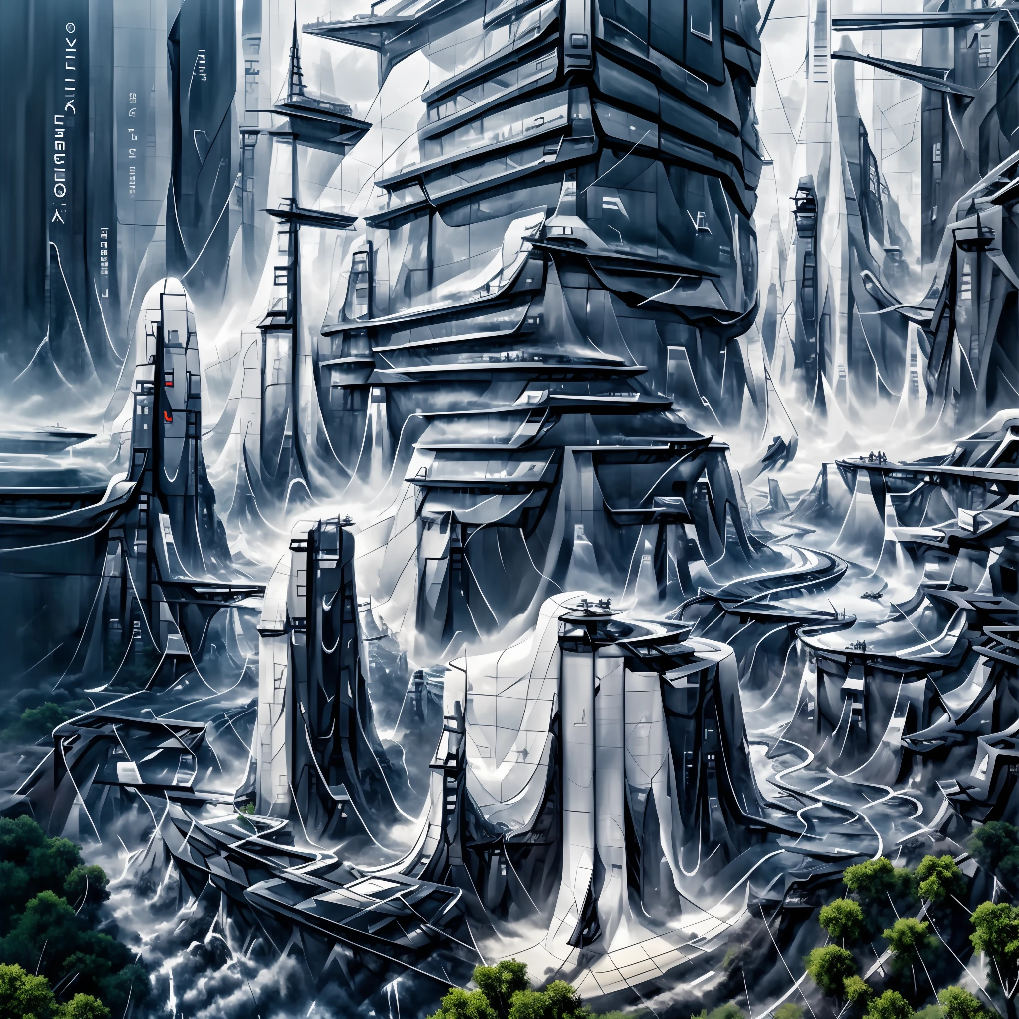 Airbrush drawing --v 5.1 style Futuristic design of an awesome sunny day environment concept art on a futuristic terrain with huge waterfalls,streams, mangroves,nature architecture, proportional,detailed,bright clouds, nature meets futuristic architecture by Santiago Calatrava and Vincent Callebaut with futuristic development, high rise made up staircases, balconies, full of composite glass facades, residential spaces carved from cliff side ,trending on artstation, beautiful lighting,In the style , fantasy, intricate, award winning, 4k, highest quality