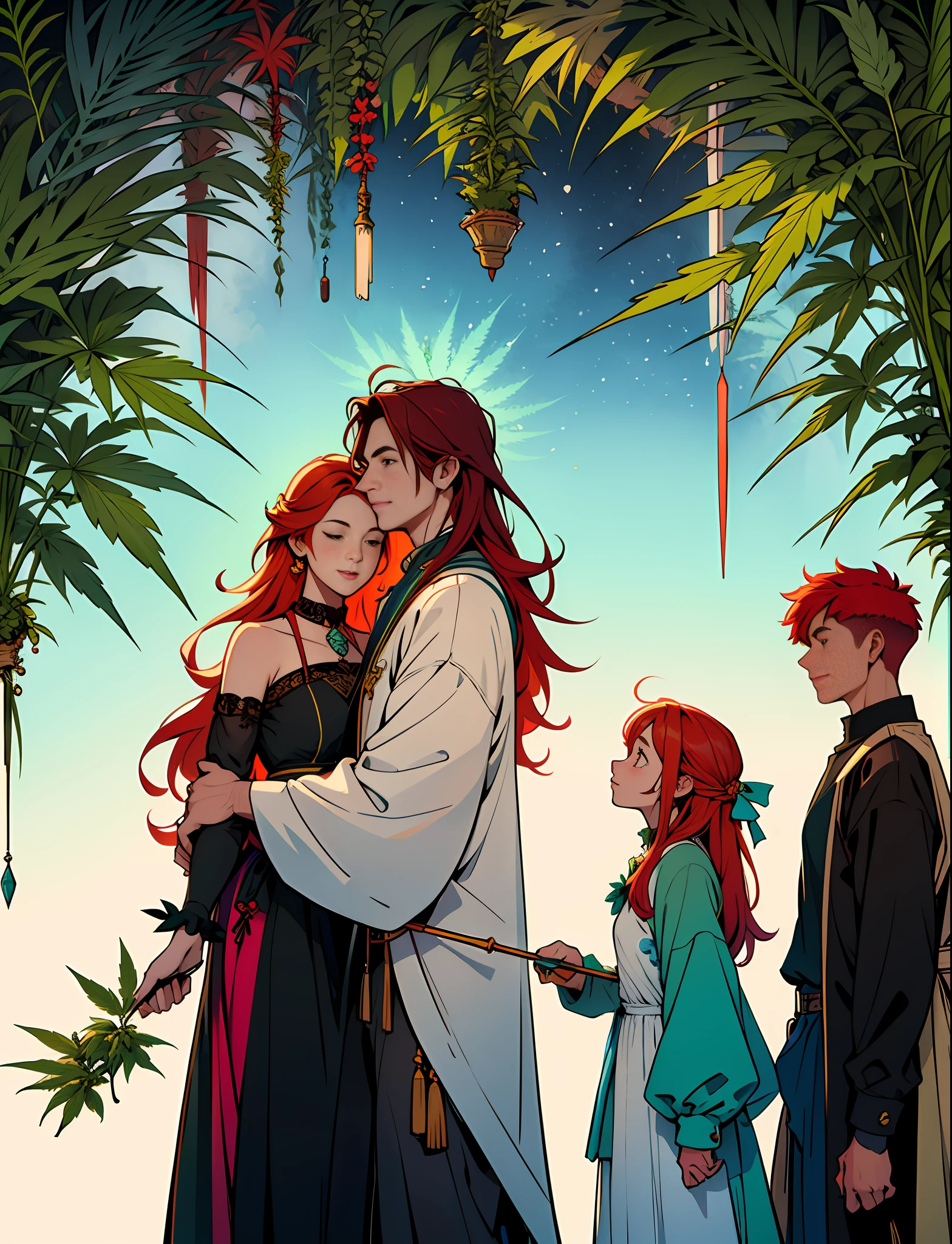 Boy, Girl,Dad,Mom,Family in love Hemp, leaf,marijuana,cannabis cone,((illustration)), colorful, wallpaper, energy, secret, magical environment, magical environment, magic wand, pages flying in the sky, omniscience, prediction of the future, understanding the past, frost magic, spells, red hair, long hair, --v 6