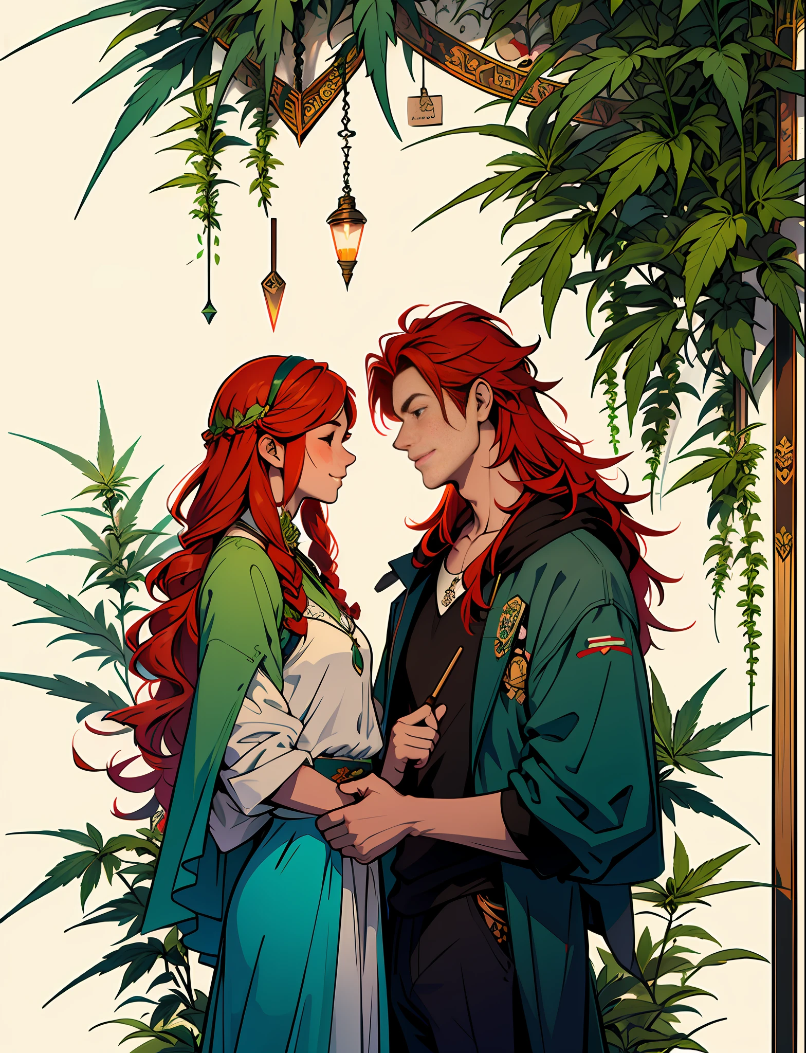 Boy, Girl,Dad,Mom,Family in love Hemp, leaf,marijuana,cannabis cone,((illustration)), colorful, wallpaper, energy, secret, magical environment, magical environment, magic wand, pages flying in the sky, omniscience, prediction of the future, understanding the past, frost magic, spells, red hair, long hair, --v 6