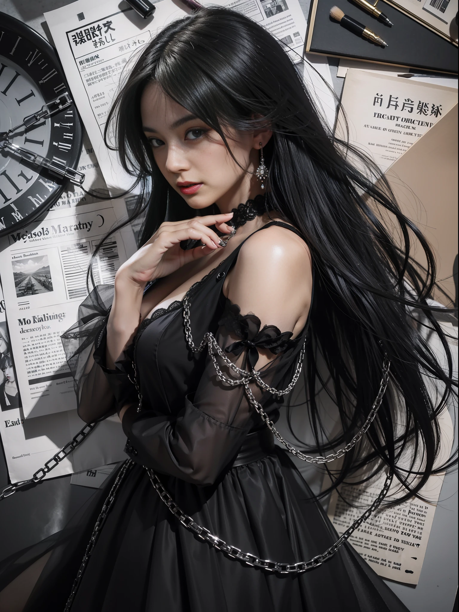 A woman in a gothic black dress, in the style of yuumei, magenta, neck wrapped in steel chains, obvious brushstrokes, clear brushstrokes, story-filled picture, old newspaper stacked paneled background, newspaper elements, pattern, long black hair, galactic eyes, dazzling light, special effects, line drawing, needle pen technique, charcoal brush strokes, clear details, master work
(masterpiece), realistic, HDR, highly detailed, 8k, original photo,
Ambient occlusion, nature, harmonious composition, cool colors, fine art photography,