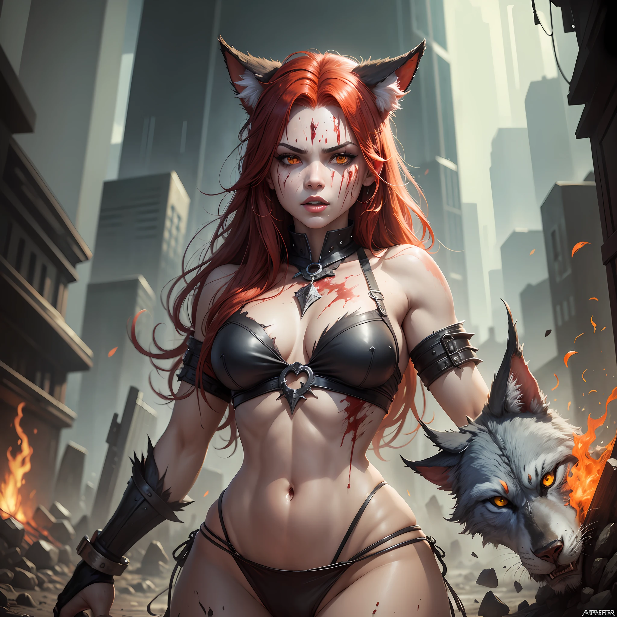 arafed woman with a bloody face and red hair is in a body of mud, a very beautiful berserker woman, angry high ????? sexy werewolf, deviantart artstation cgscosiety, inspired by Ryan Barger, cat girl, feral scene, female anthropomorphic wolf, furry fantasy art, by Shen Zhou, fan art, cgsociety contest winner!!! --auto --s2