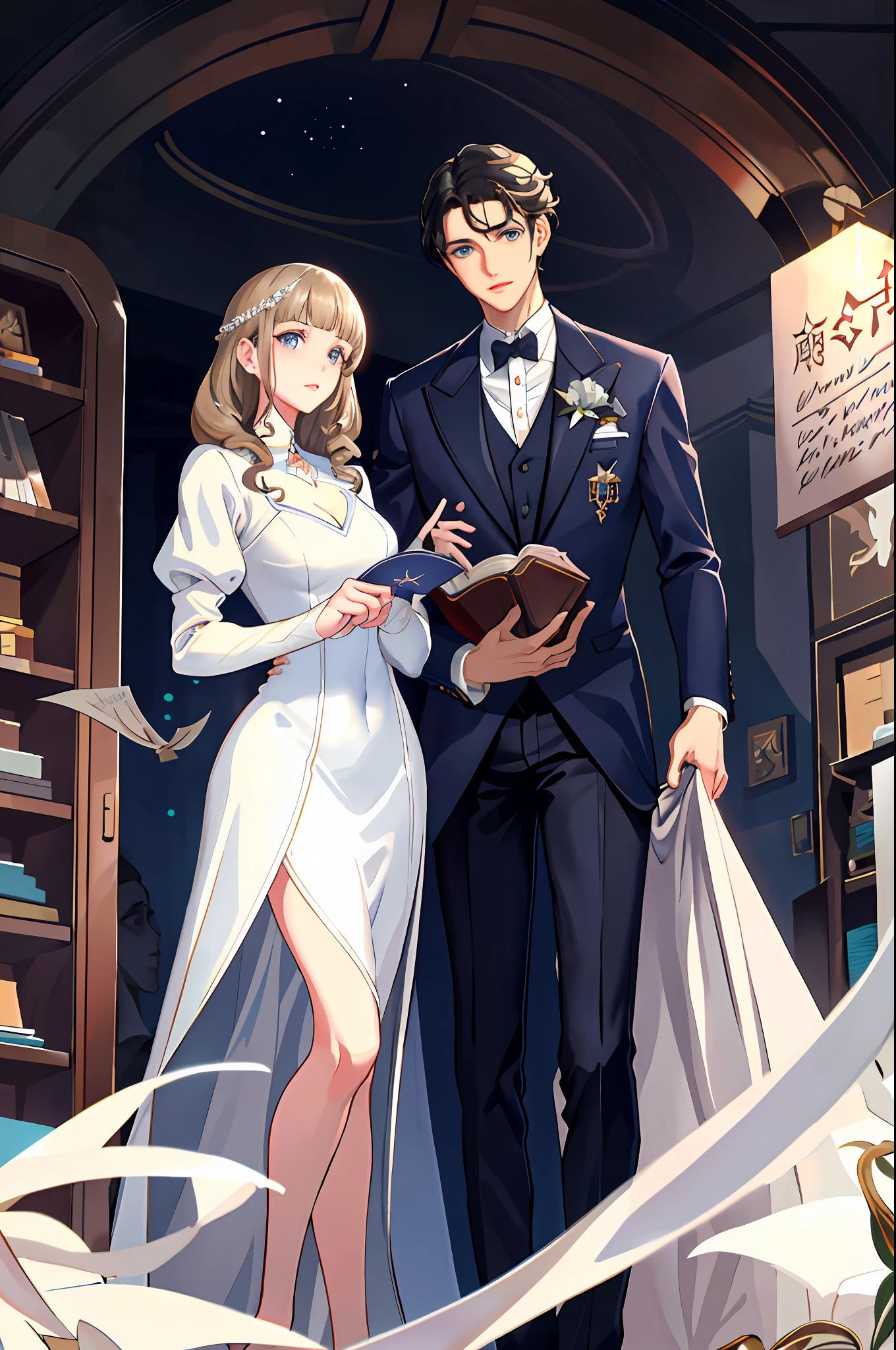 The brunette-haired, slightly curly, delicate navy blue eyes, ruddy thin lips, dressed in a pristine white dress stood next to the dashing boy in a suit, tall, cold face, cold sharp eyes, black hair clawed with glue. They held a book in their hands, surrounded by books