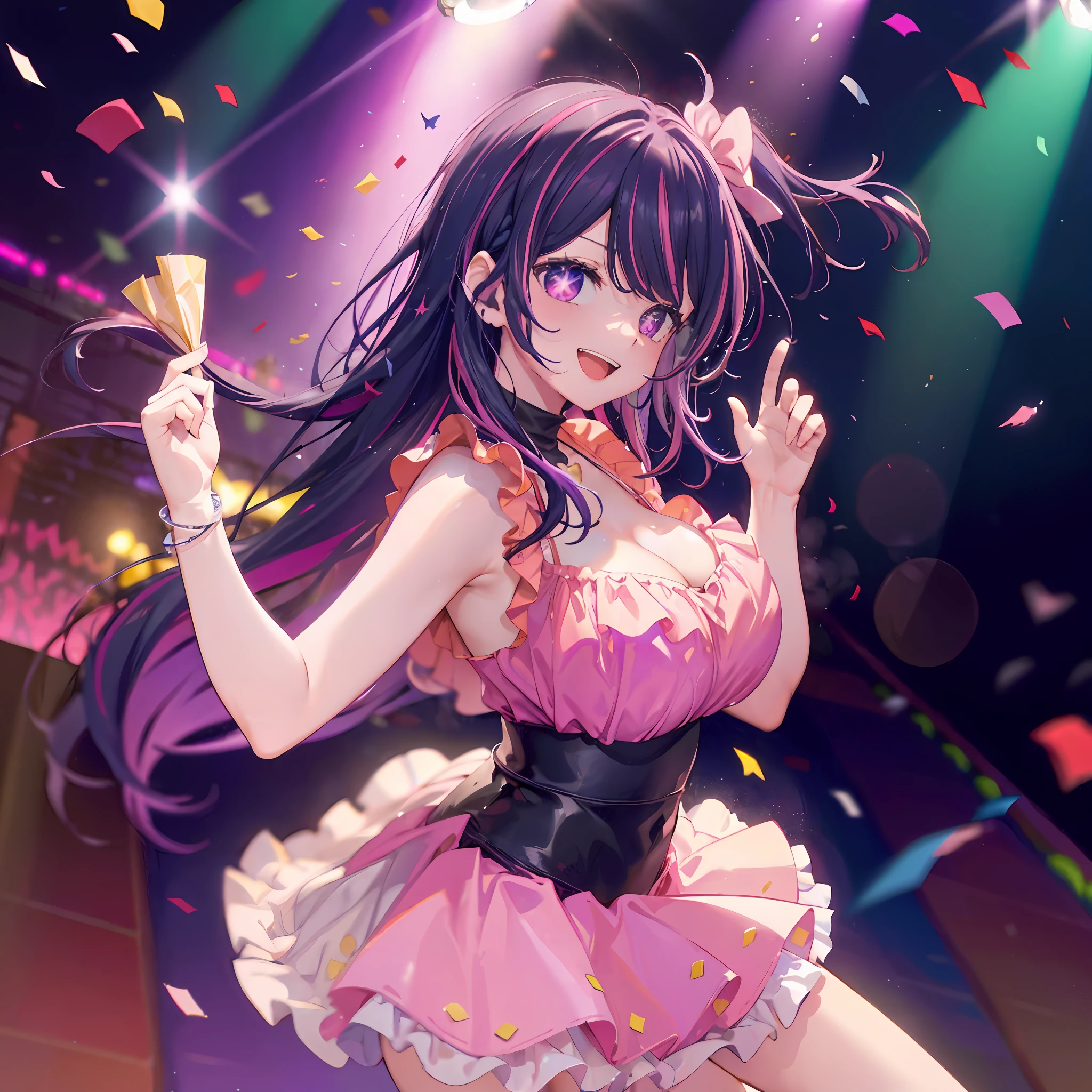 absurdres, highres,
BREAK
looking at viewer, upper body, (face focus:1.3), (from side:1.5),
BREAK
(vivid-color:1.3)
BREAK
(one girl:1.3), (:1.2), (Hoshino Ai:1.4), (ai's pose:1.3), (purple eyes:1.3), (purple hair, streaked hair:1.5), (happy smile:1.7), (lifting her feet:1.3), lifting her feet:1.3), twisting waist, (shiny eyes:1.3), (upturned eyes, happy smile:1.2), (star \(symbol\), star-shaped pupils:1.3), hairclip, earrings, jewelry, nm1, (frills, pink shirt:1.2), dress pull, Roaring Twenties, sleeveless, shirt, idol, symbol-shaped pupils, (huge breasts, cleavage:1.3), (thigh:1.2), open mouth, (breast:1.3), round eyes, (blowing in the wind:0.5), squall (wind:1.2), sense of speed, refreshing breeze, motion blur effect, wind
BREAK
background is (on the Idol stage:1.3), (Stand in the center of the screen:1.3), indoors, idol live, wind, (Colorful spotlights:1.7)
BREAK
magnificent view, (10,000 people spectators:1.3), light particles, (confetti:1.4), dynamic angle, dutch angle, perspective
BREAK
(night, spot light:1.5), depth of field, bokeh, light leaks, (chromatic aberration:1.2)
BREAK