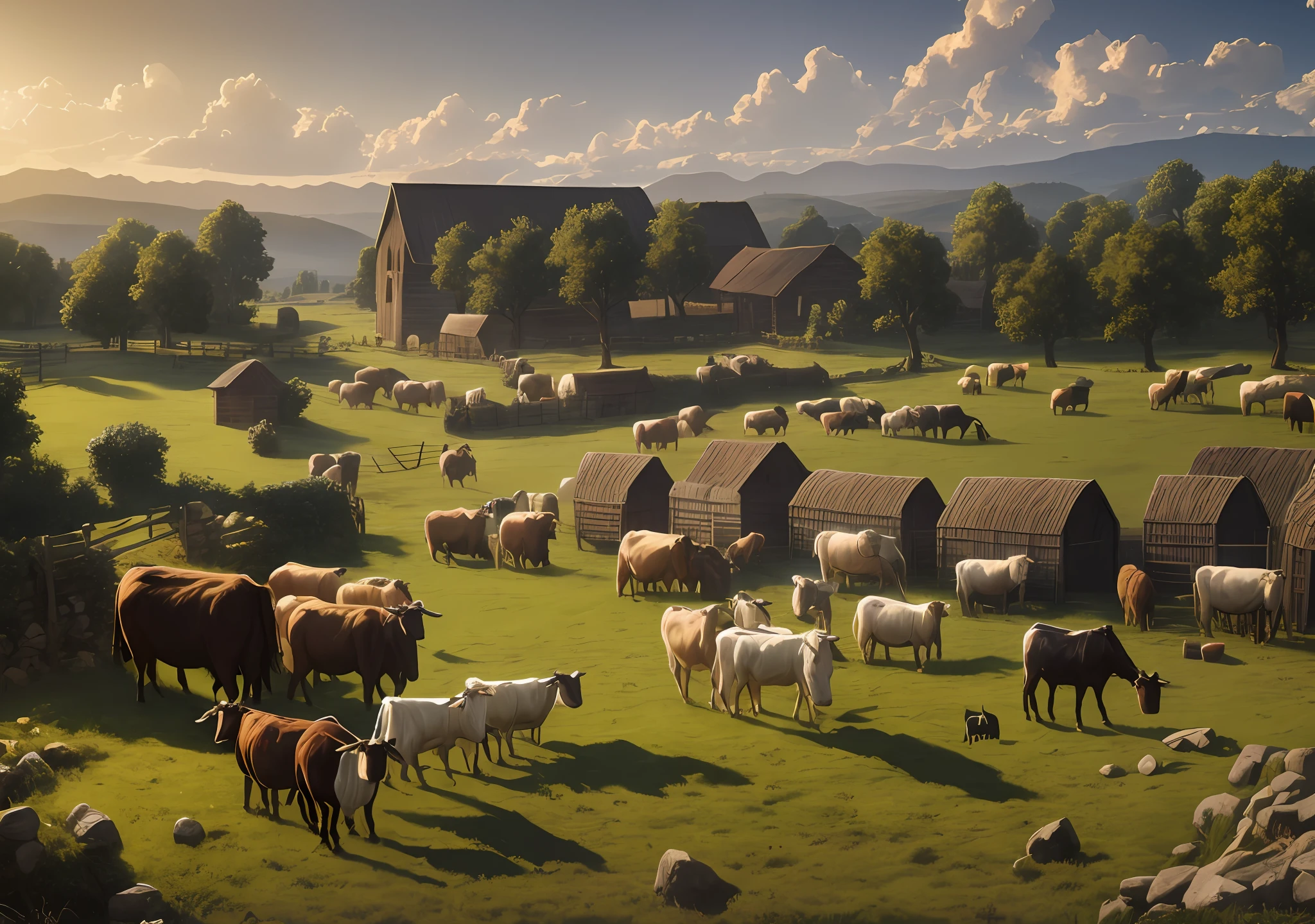 MEDIEVAL FARM, GIANT HERDS OF ANIMALS, COWS, SHEEP, GOATS, FROM THE TIME OF JESUS CHRIST, DISCIPLES, 8K, HD, indirect light, volumetric light, (dramatic lighting:1.25), (cinematic look:1.2)
