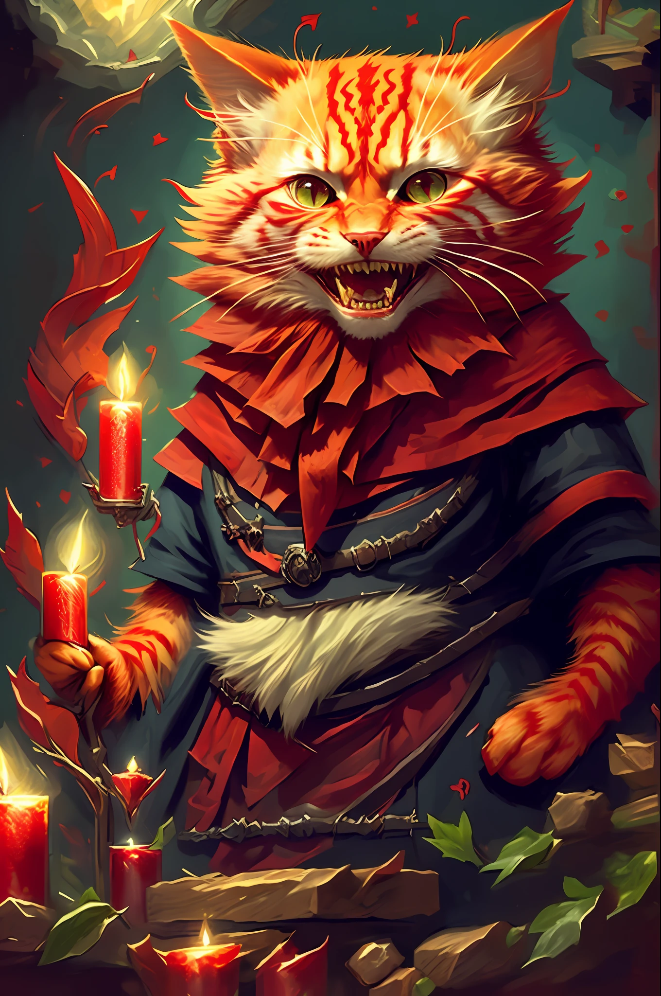 fullbody portrait, red c4ttitude, tarot witch, summoning spirits, (evil smile:1.2), fangs