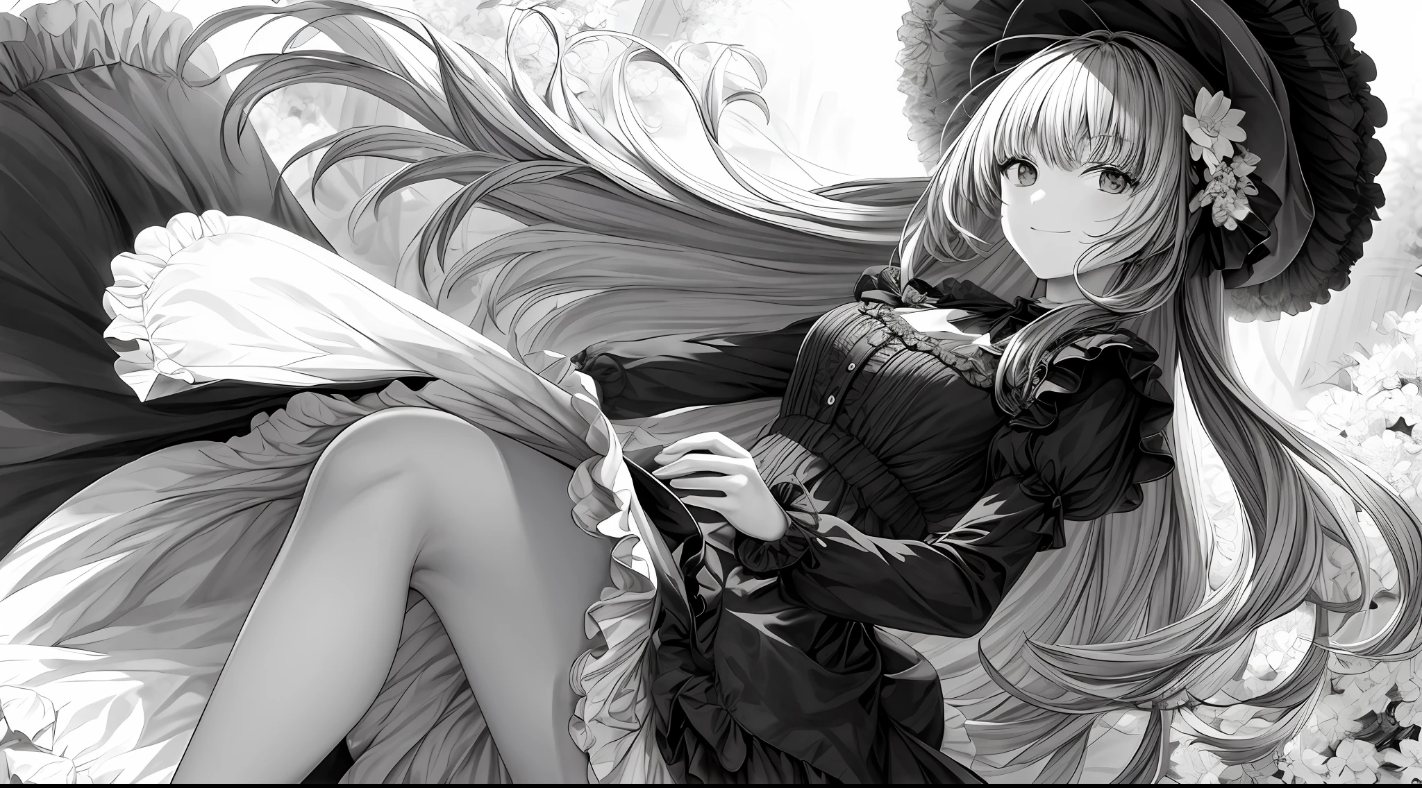 masterpiece, best quality, 1girl, solo, long_hair, looking_at_viewer, smile, bangs, skirt, shirt, long_sleeves, hat, dress, bow, holding, closed_mouth, flower, frills, hair_flower, petals, bouquet, holding_flower, center_frills, bonnet, holding_bouquet, flower field, flower field, lineart, monochrome,