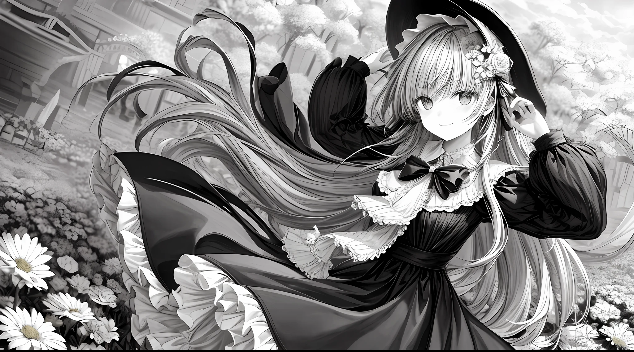 masterpiece, best quality, 1girl, solo, long_hair, looking_at_viewer, smile, bangs, skirt, shirt, long_sleeves, hat, dress, bow, holding, closed_mouth, flower, frills, hair_flower, petals, bouquet, holding_flower, center_frills, bonnet, holding_bouquet, flower field, flower field, lineart, monochrome,