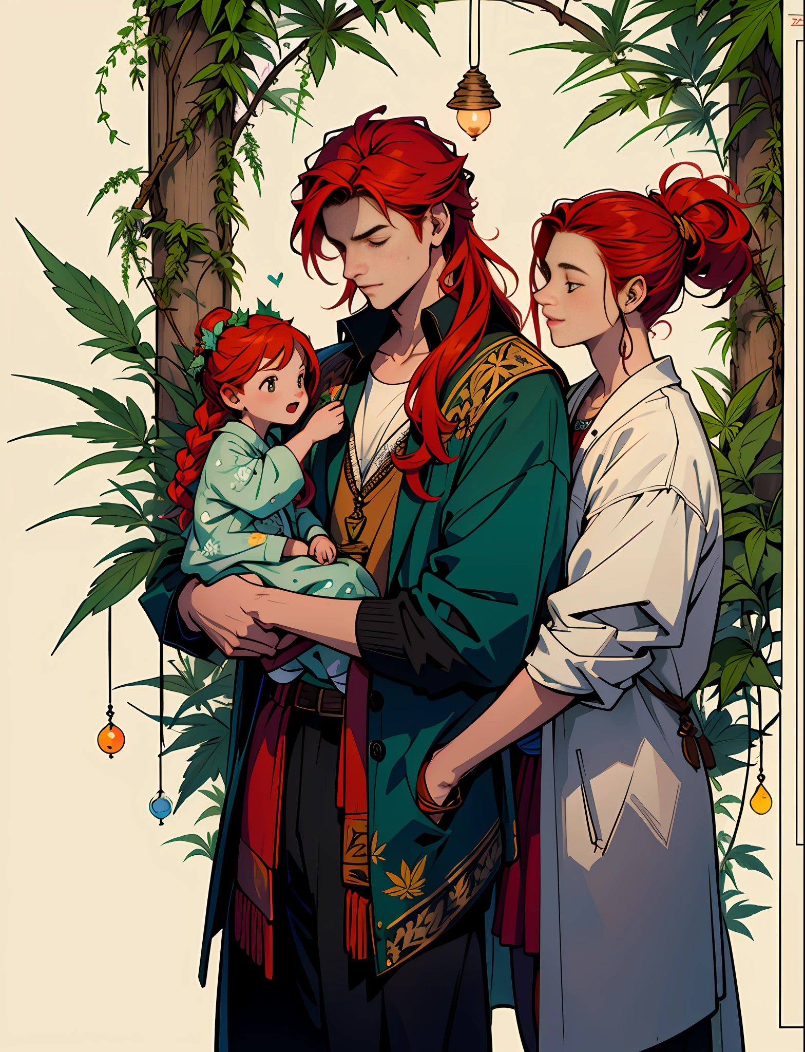 Boy, Girl,Dad,Mom,Family in love Hemp, leaf,marijuana,cannabis cone,((illustration)), colorful, wallpaper, energy, secret, magical environment, magical environment, magic wand, pages flying in the sky, omniscience, prediction of the future, understanding the past, frost magic, spells, red hair, long hair, --v 6