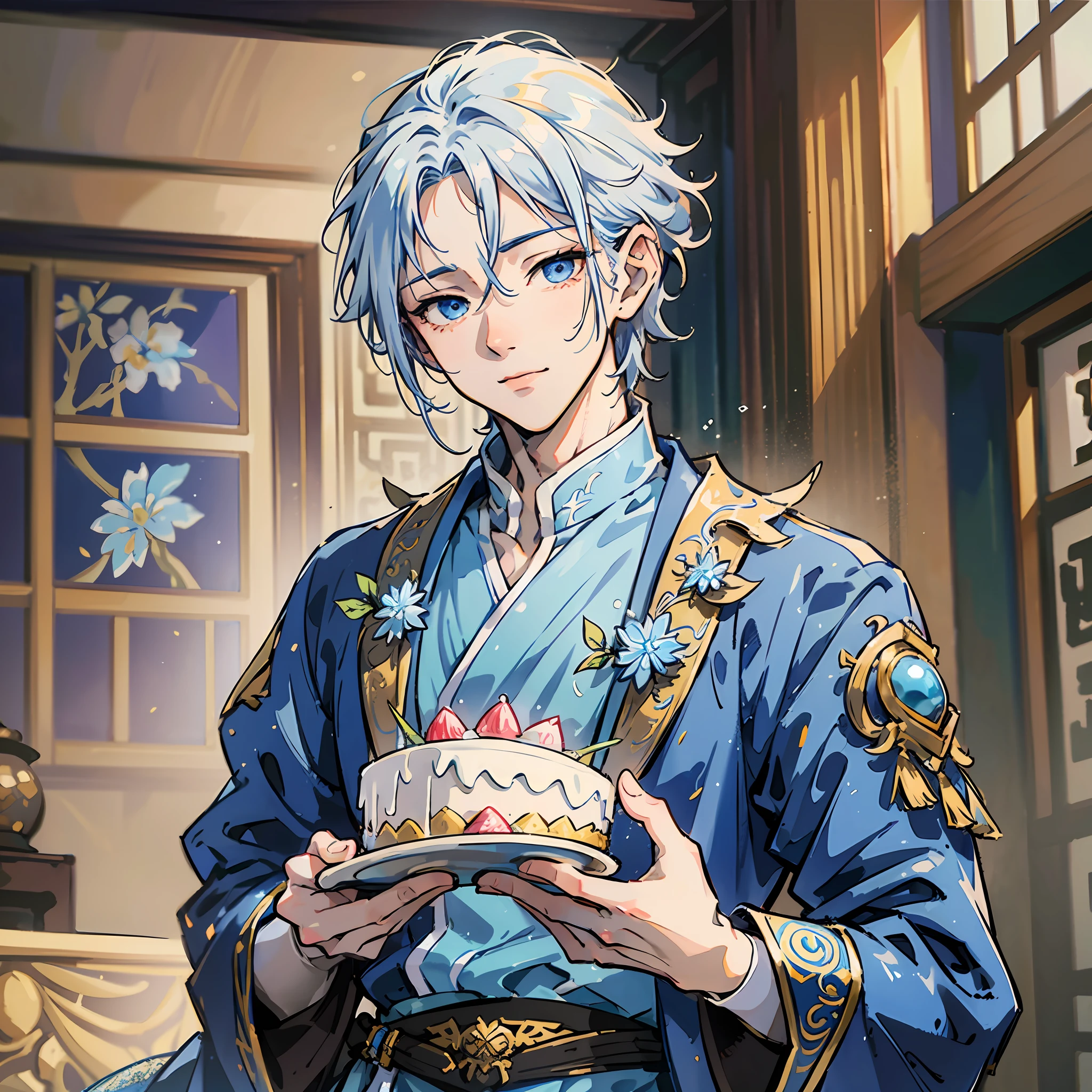 A handsome boy with silver-blue and white hair holding a cake in his hand, a close-up of celebrating his happy birthday, derived from the Legend of Sword and Fairy Hu Ge, or anime Wang Ye, Sasuke, Zhang Qiling, cold eyes, handsome face, the most beautiful background, from the smiling rivers and lakes, celebrating happy birthday, asking for cake, the best quality, hyper-detail, 3D art, c4d, OC renderer, 3D rendering, 8k --auto --s2