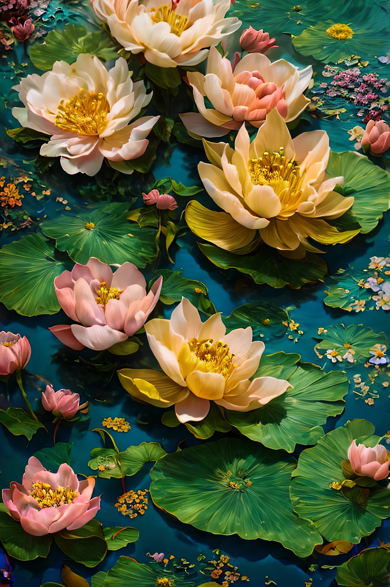 There are many flowers on the green surface, detailed lotus, water ripples, colorful surrealism, detailed painting 4 K, high detail painting, realistic lotus oil painting, intricate details of lotus flowers, complex oil painting details, hyper-detail painting, surrealism highly complex, ultra-detailed oil painting, highly detailed digital painting, detail and bright colors