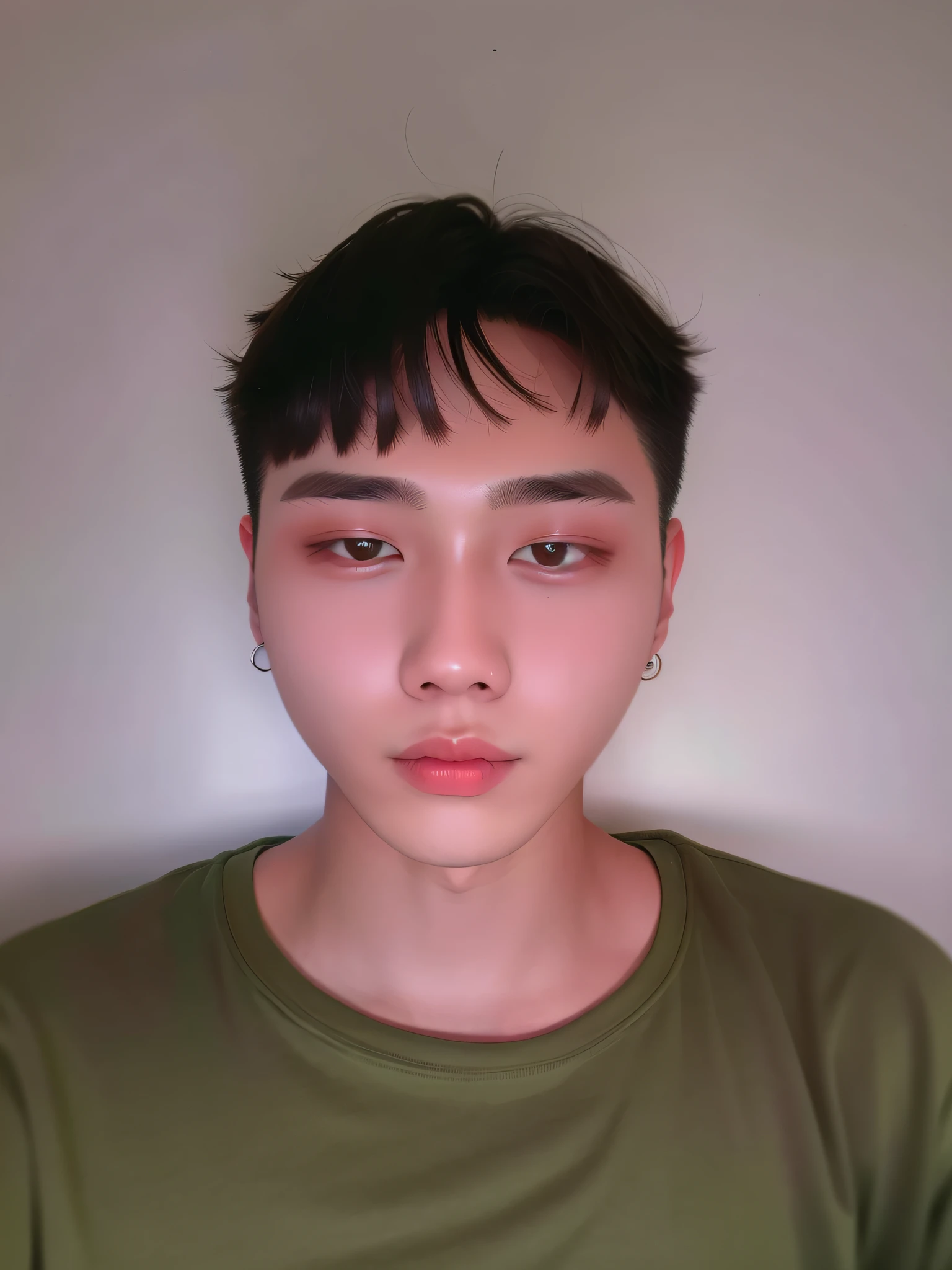 there is a man with a green shirt on posing for a picture, south east asian with round face, clean shaven wide face, 1 7 - year - old boy thin face, with round face, 18 years old, detailed face of a asian boy, asian face, yanjun chengt, yihao ren, 2 7 years old, xision wu --auto --s2