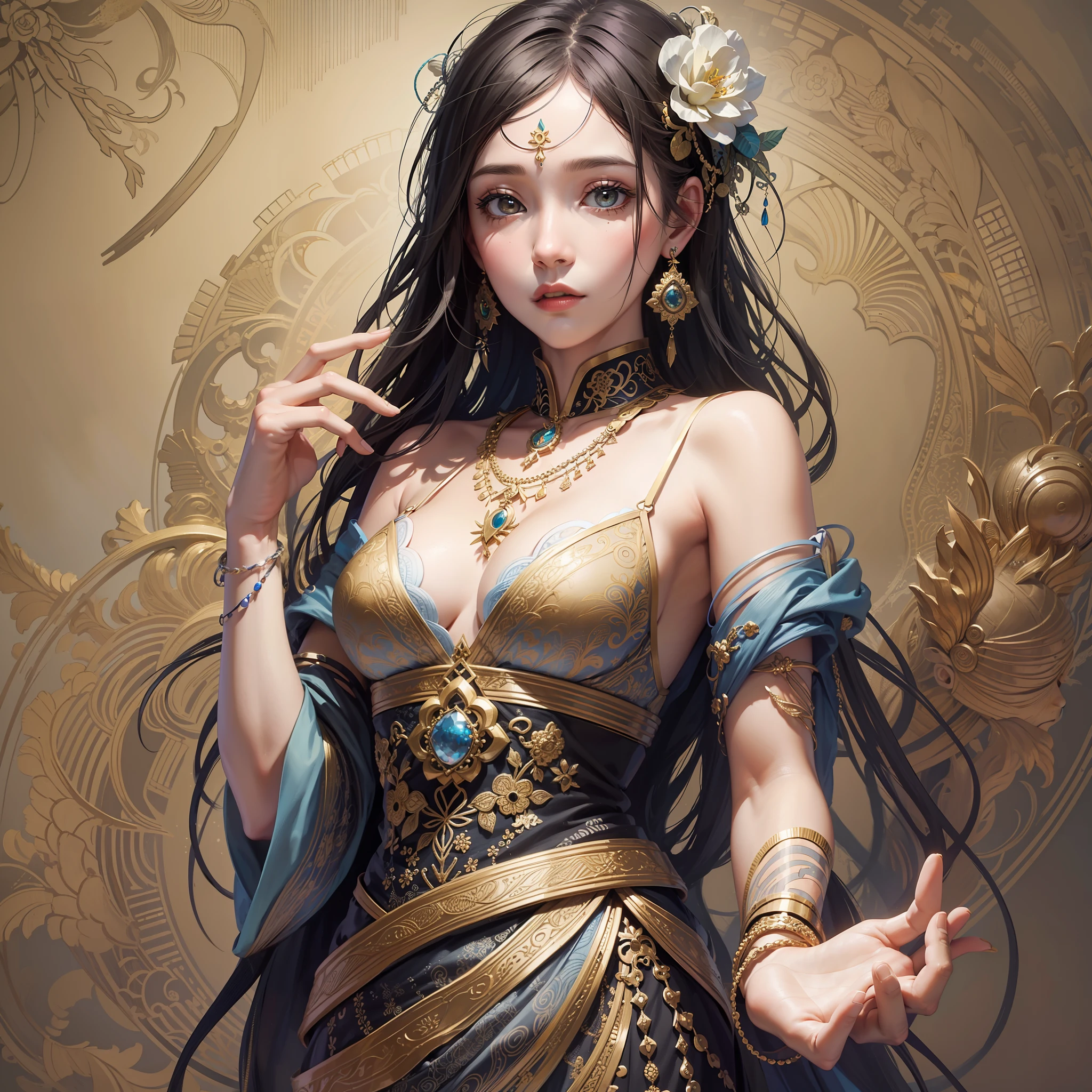 1girl, Solo, Waist Up, (Zentangle, Mandala, Tangle, Entangle), (Hana Hana: 1.2) Official Art, Unity 8K Wallpaper, ultra detail, aesthetic, masterpiece, best quality, photorealistic, floral decoration, earrings --auto --s2
