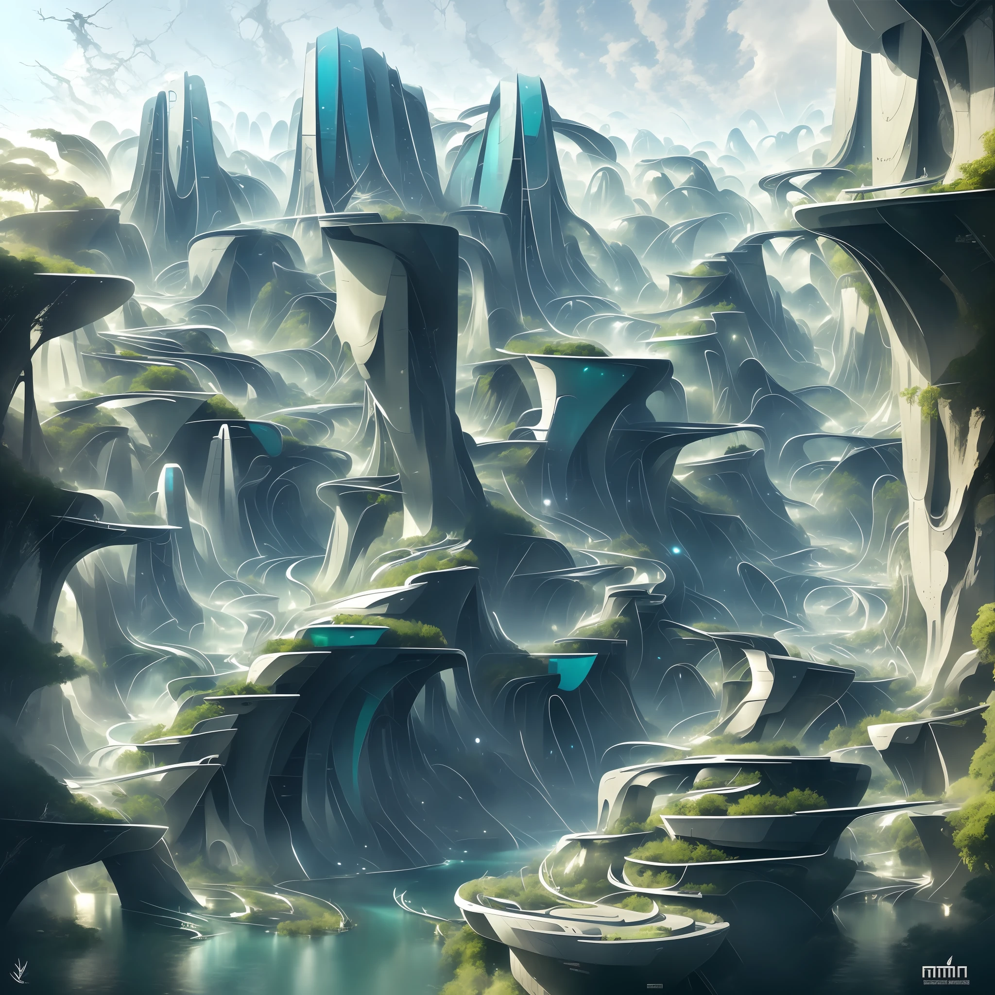 Airbrush drawing --v 5.1 style Futuristic design of an awesome sunny day environment concept art on a futuristic terrain with huge waterfalls,streams, mangroves,nature architecture, proportional,detailed,bright clouds, nature meets futuristic architecture by Santiago Calatrava and Vincent Callebaut with futuristic development, high rise made up staircases, balconies, full of composite glass facades, residential spaces carved from cliff side ,trending on artstation, beautiful lighting,In the style , fantasy, intricate, award winning, 4k, highest quality