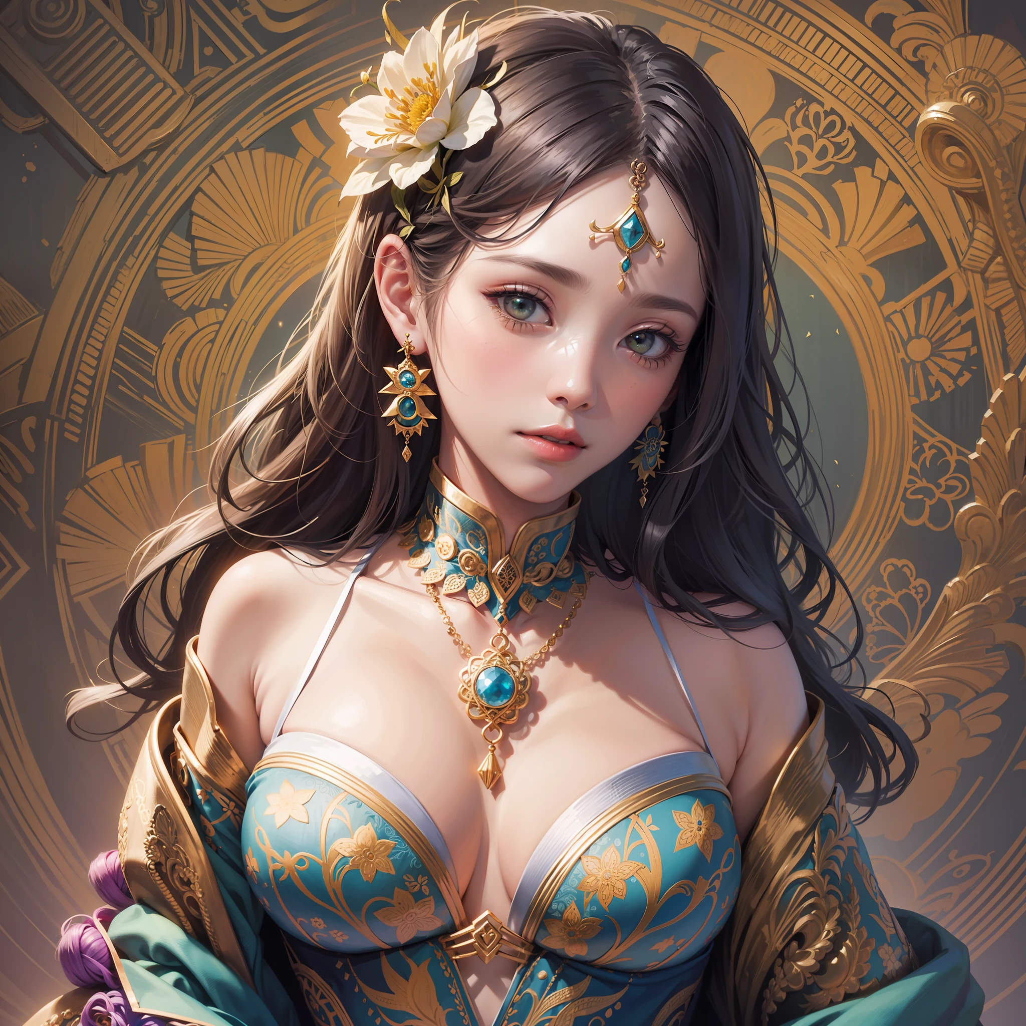 1girl, Solo, Waist Up, (Zentangle, Mandala, Tangle, Entangle), (Hana Hana: 1.2) Official Art, Unity 8K Wallpaper, ultra detail, aesthetic, masterpiece, best quality, photorealistic, floral decoration, earrings --auto --s2
