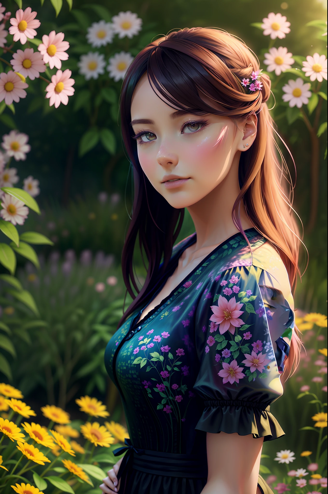 a close up of a woman in a dress standing in a garden, beautiful digital artwork, photorealistic anime girl render, smooth anime cg art, 4k highly detailed digital art, realistic digital art 4k, realistic digital art 4 k, soft portrait shot 8 k, 3 d anime realistic, realistic artstyle, realistic anime 3 d style, beautiful digital painting