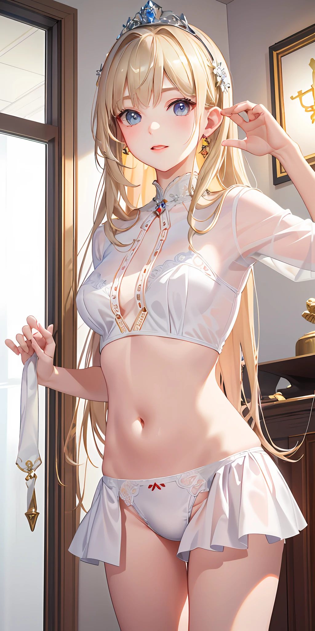 (Real: 1.4), (Masterpiece, Sidelights, Fine Beautiful Eyes: 1.2), Masterpiece*Portrait、、、、, Realistic, 3D Face, Glistening Eyes, Glossy Hair, Skin Falling Out, Solo、、、、, Embarrassing, (Epigastric), White Underwear, Blonde Hair, (Princess)