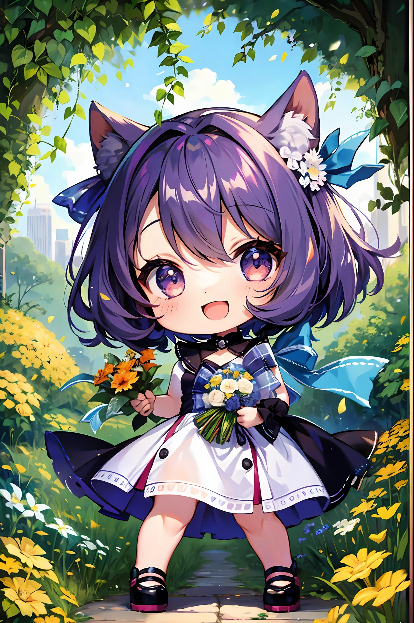 (Chibi: 1.3), happy, (holding a bouquet), full body,
