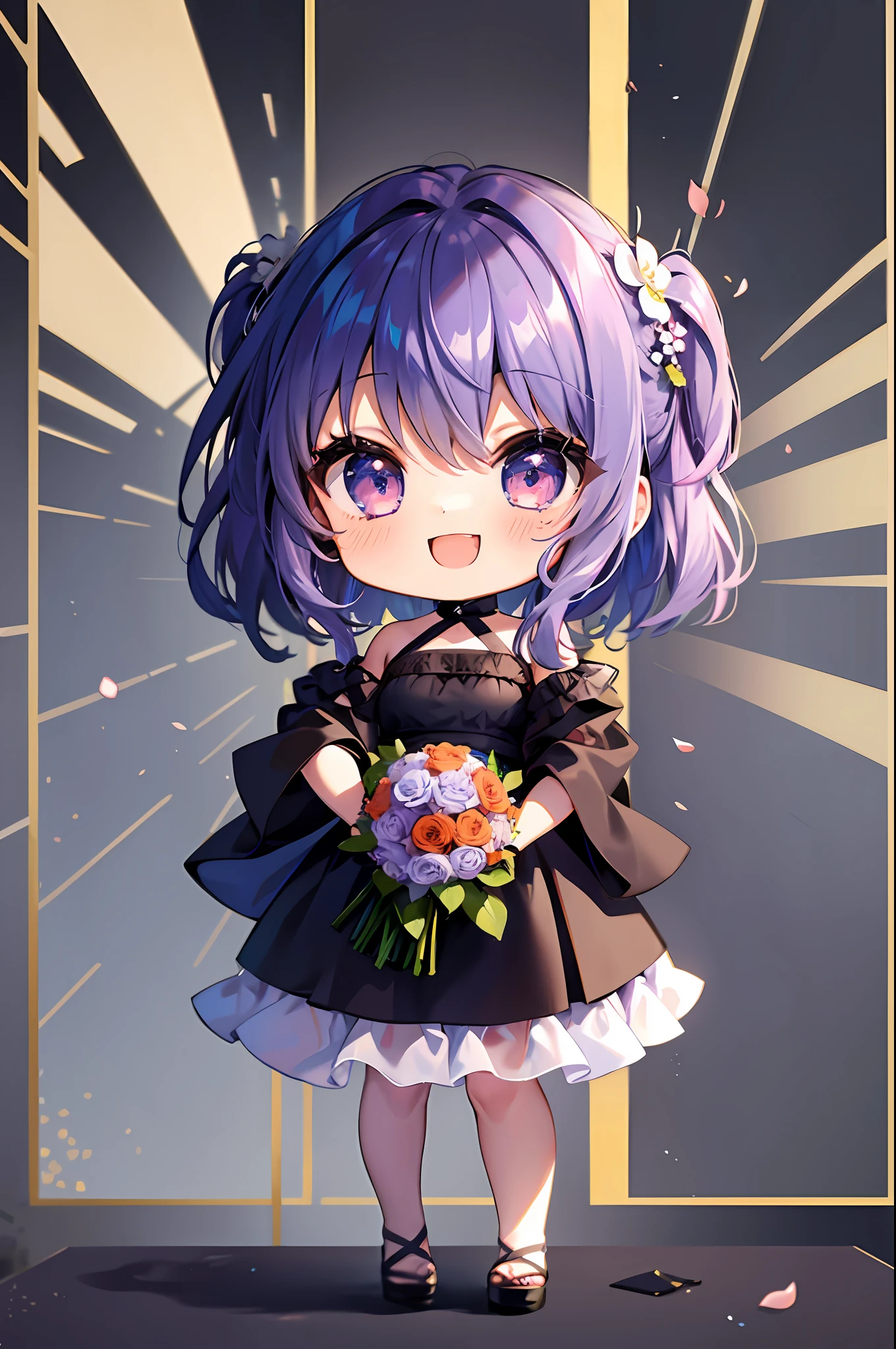 (Chibi: 1.3), happy, (holding a bouquet), full body,