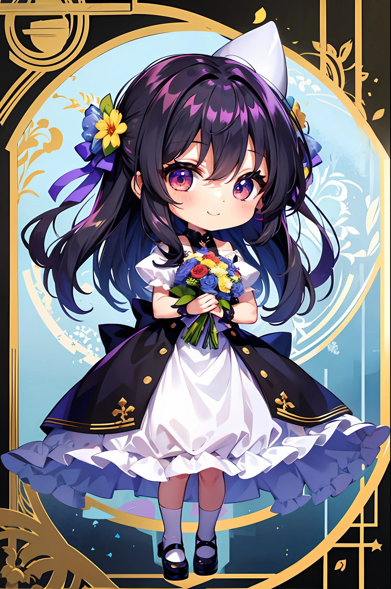 (Chibi: 1.3), happy, (holding a bouquet), full body,
