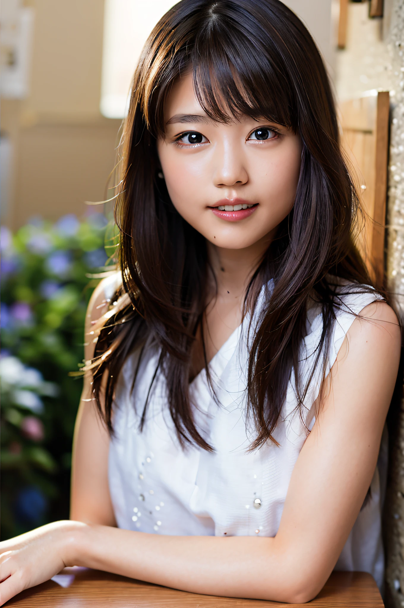 (8k, RAW photo, top quality, masterpiece: 1.2), (realistic, photorealistic: 1.37), ultra detail, ultra high resolution, one girl, beholder, beautiful detailed face, smile, constriction, (slim waist): 1.3), shirt, beautiful detailed skin, skin texture, floating hair, professional lighting, middle chest, gentle eyes, white sleeveless