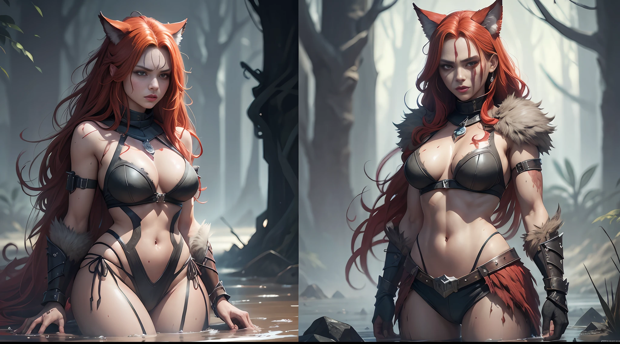 arafed woman with a bloody face and red hair is in a body of mud, a very beautiful berserker woman, angry high moral  werewolf, deviantart artstation cgscosiety, inspired by Ryan Barger, cat girl, feral scene, female anthropomorphic wolf, furry fantasy art, by Shen Zhou, fan art, full body, cgsociety contest winner!!! --auto --s2