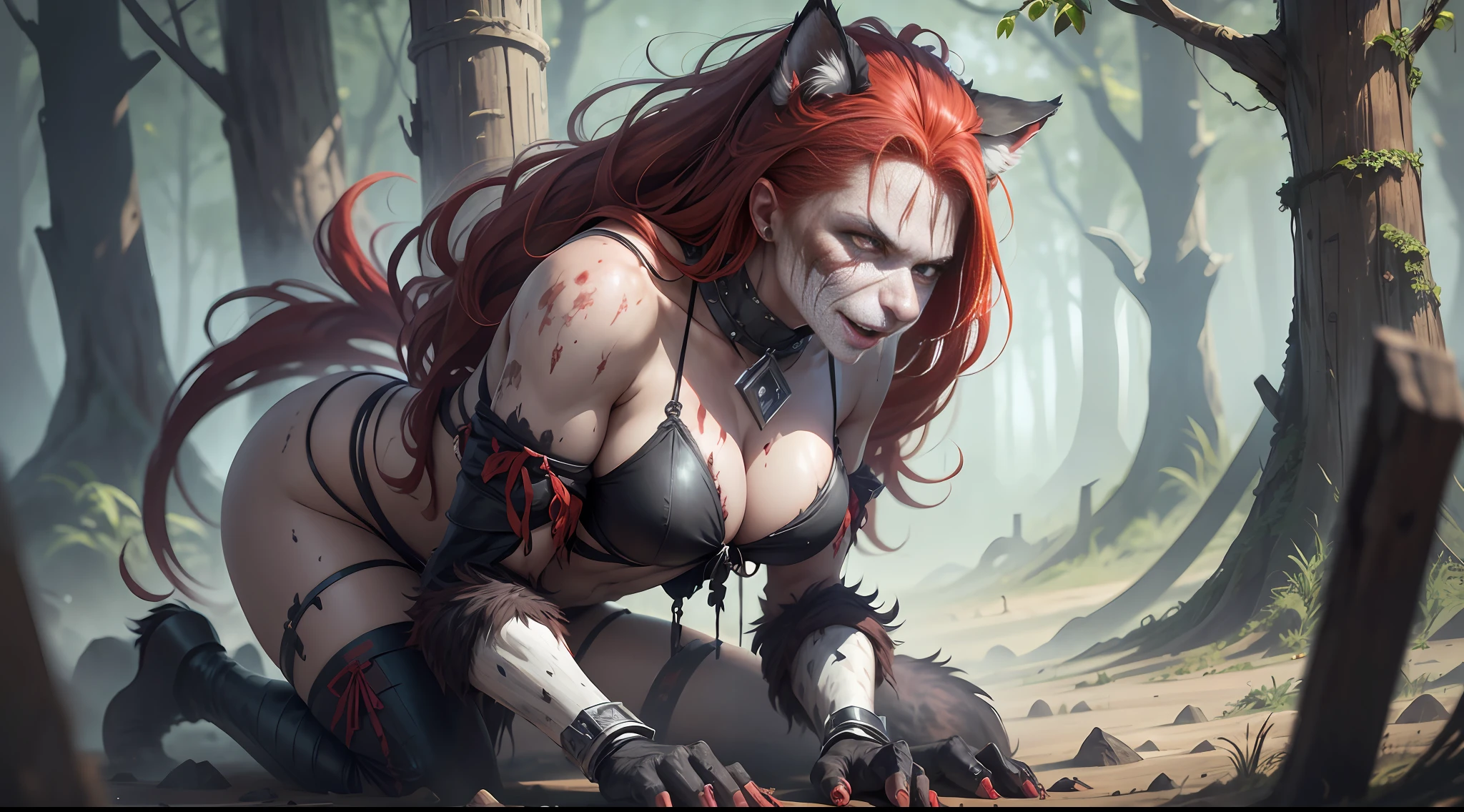 arafed woman with a bloody face and red hair is in a body of mud, a very beautiful berserker woman, angry high moral sexy werewolf, deviantart artstation cgscosiety, inspired by Ryan Barger, cat girl, feral scene, female anthropomorphic wolf, furry fantasy art, by Shen Zhou, fan art, full body, cgsociety contest winner!!! --auto --s2