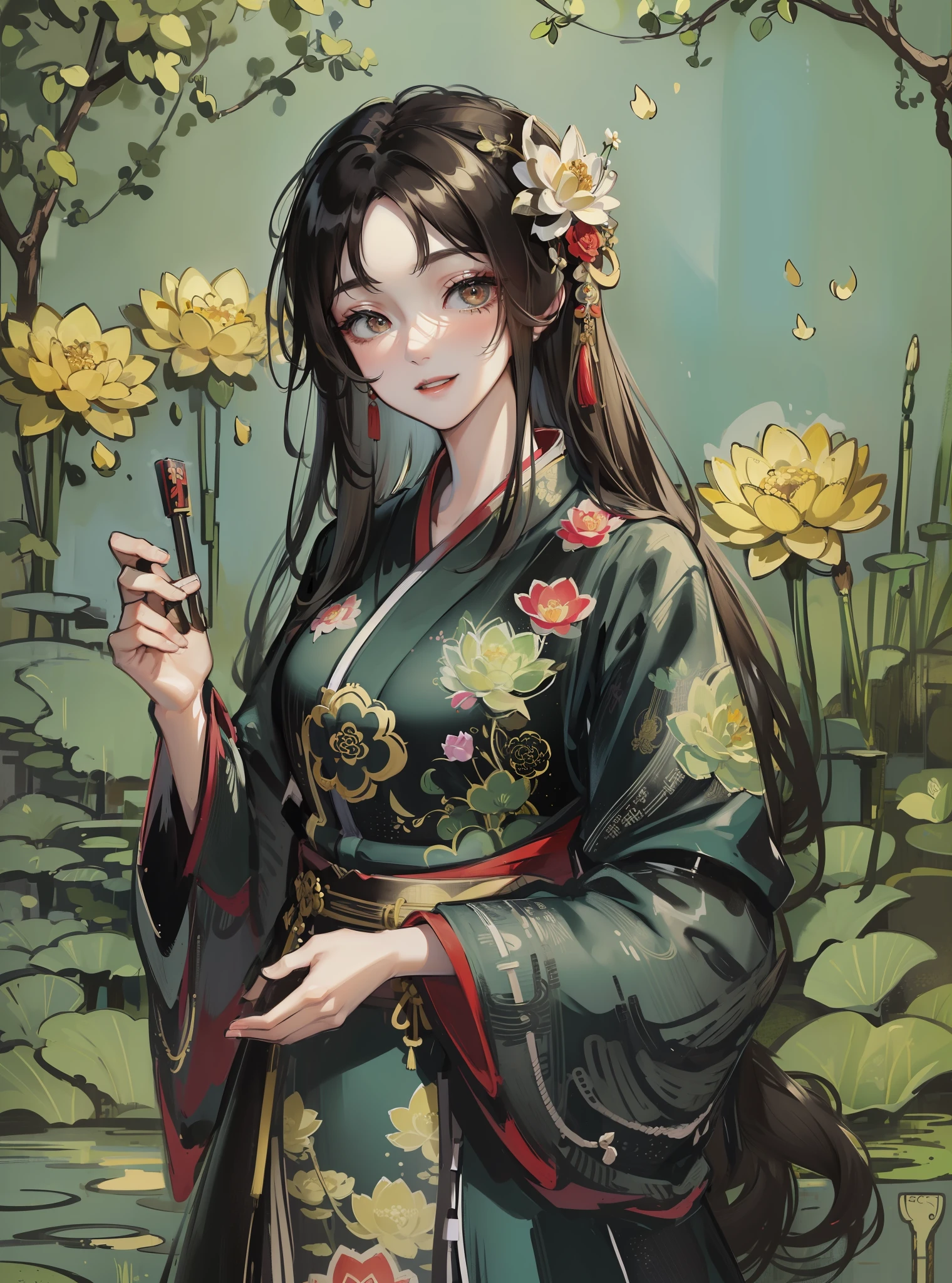 ((4k, masterpiece, best quality)), shuimobysim, Chinese painting, lotus, hanfu, maxiskit, conservative dress 1girl, solo, long black hair, smile, chinoiserie