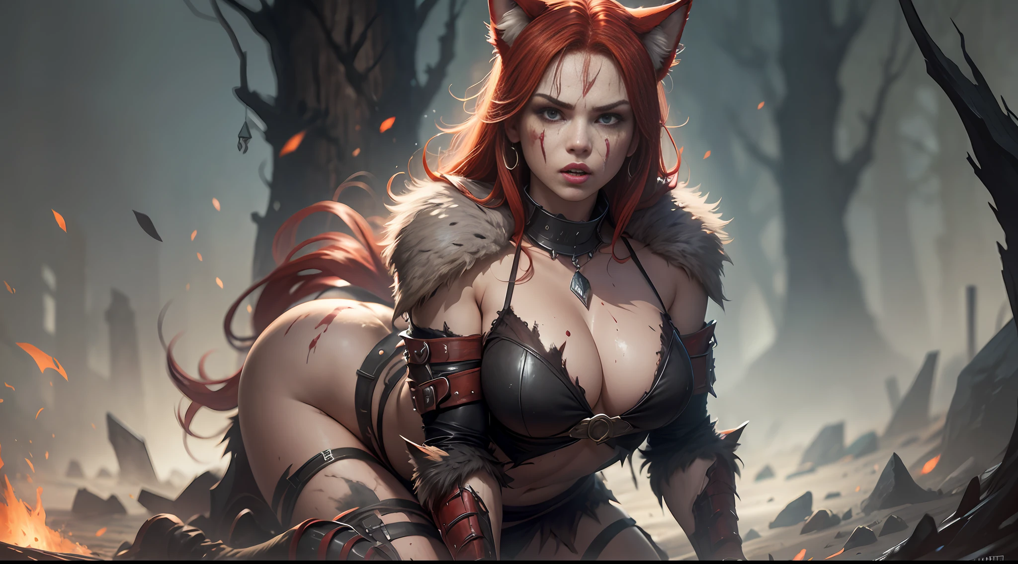 arafed woman with a bloody face and red hair is in a body of mud, a very beautiful berserker woman, angry high moral sexy werewolf, deviantart artstation cgscosiety, inspired by Ryan Barger, cat girl, feral scene, female anthropomorphic wolf, furry fantasy art, by Shen Zhou, fan art, full body, cgsociety contest winner!!! --auto --s2
