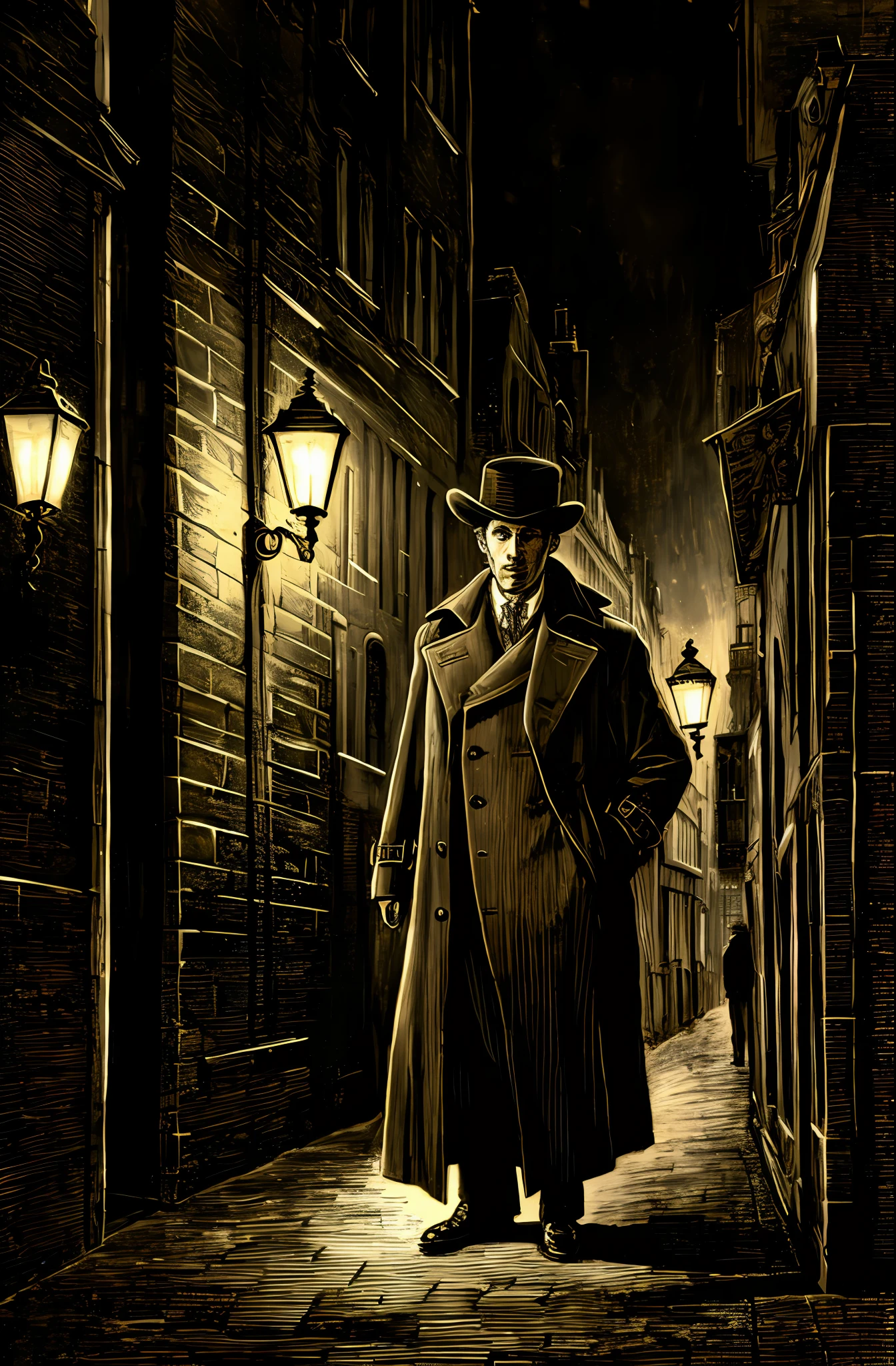 gustavedore draw style , realistic illustration of a detective  wearing (trench coat:1.1) and hat , in a victorian london city at night,  epic lighting, cinematic lighting,  high res, (detailed image:1), insane details,   (highly detailed:1.2)