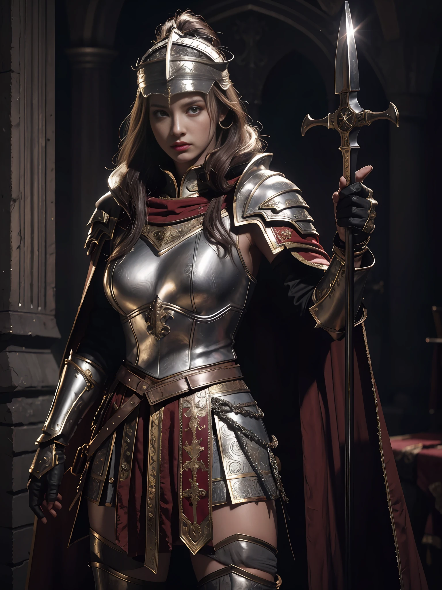 1girl, solo, female roman warrior with red helmet and cape, long black hair, angry, extremely beautiful girl, subtle makeup, silver hour, photorealistic, high contrast, 8k HD, detailed, hyper-detailed, realistic skin texture, blonde hair, huge chest, neckline, best quality, ultra high res, raw photo, dramatic lighting, unreal engine, intricate diffuse glow and silver tab, black cape, battlefield,  Standing