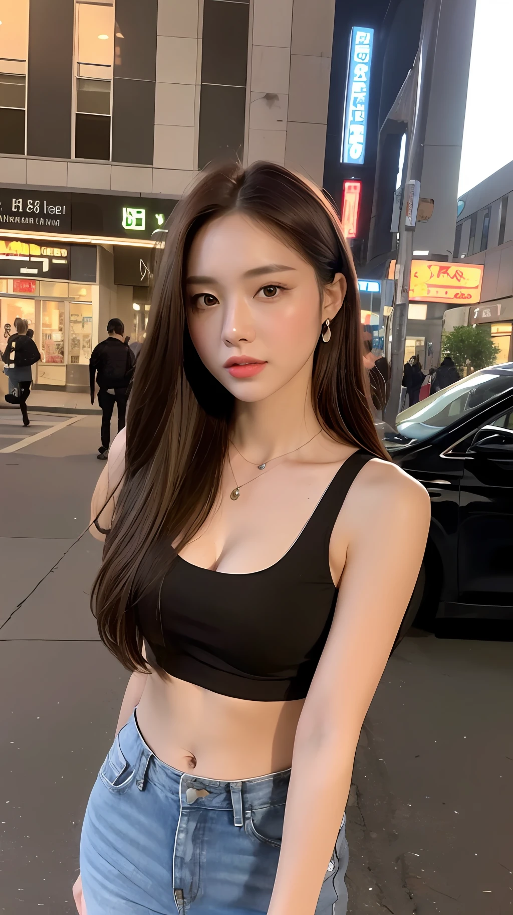 ((Realistic lighting, Best quality, 8K, Masterpiece: 1.3)), Clear focus: 1.2, 1girl, Perfect Body Beauty: 1.4, Slim Abs: 1.1, ((Dark brown hair)), (Outdoor, Night: 1.1), City streets, Super fine face, fine eyes, double eyelids, casual clothes