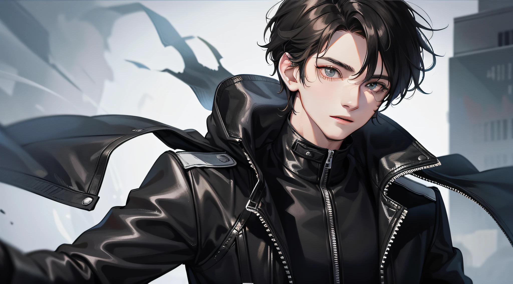 A young man with upper body, front face, short black hair, black storm jacket