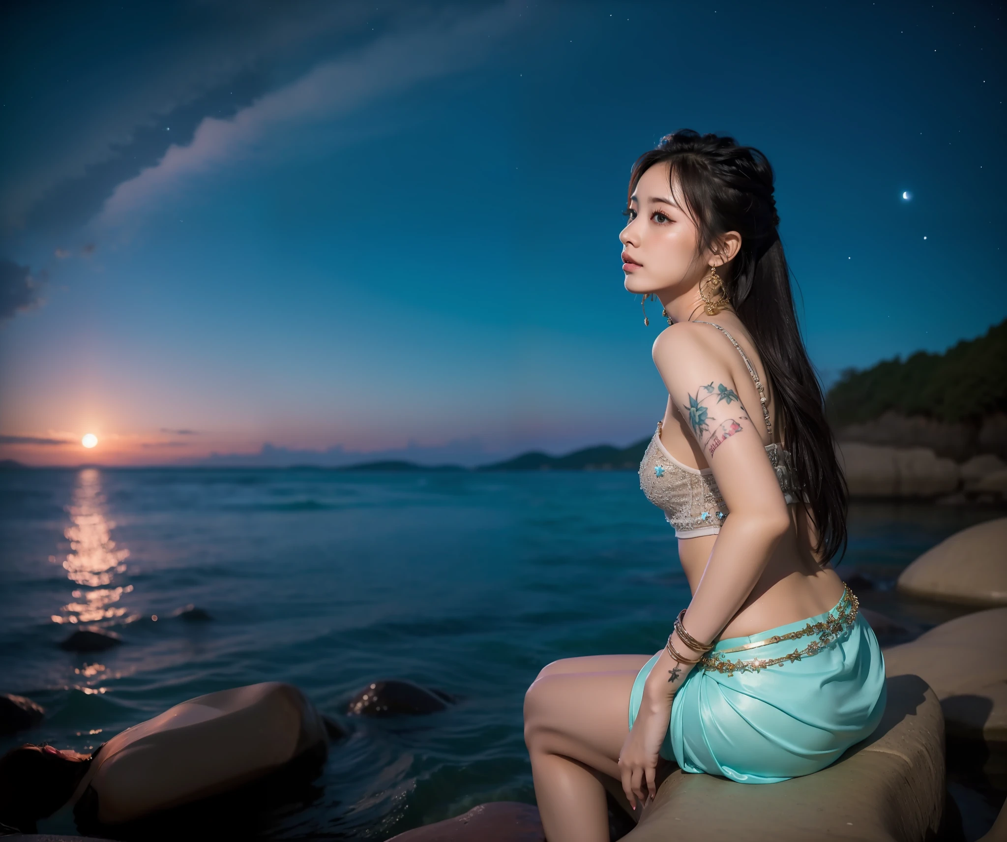 a lonely siren looking beyond,tatoos ,lavishly decorated ,wearing jewellery ,long waving skirt train, ,long for an adventure ,dawn and dusk at the same time ,stars and moon,fantasy ,romantic,失落的遗迹,led 灯生成的海洋 ,飘渺,浮游生物发光体,轻科幻