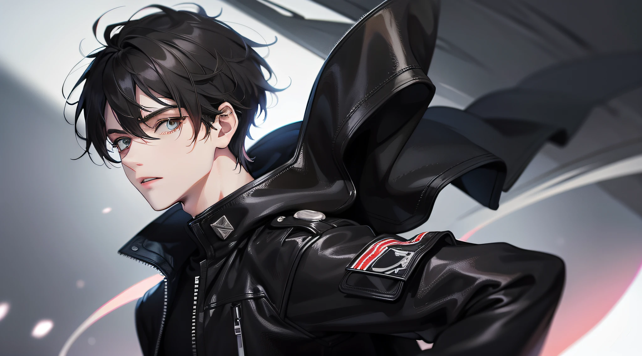 A young man with upper body, front face, short black hair, black storm jacket