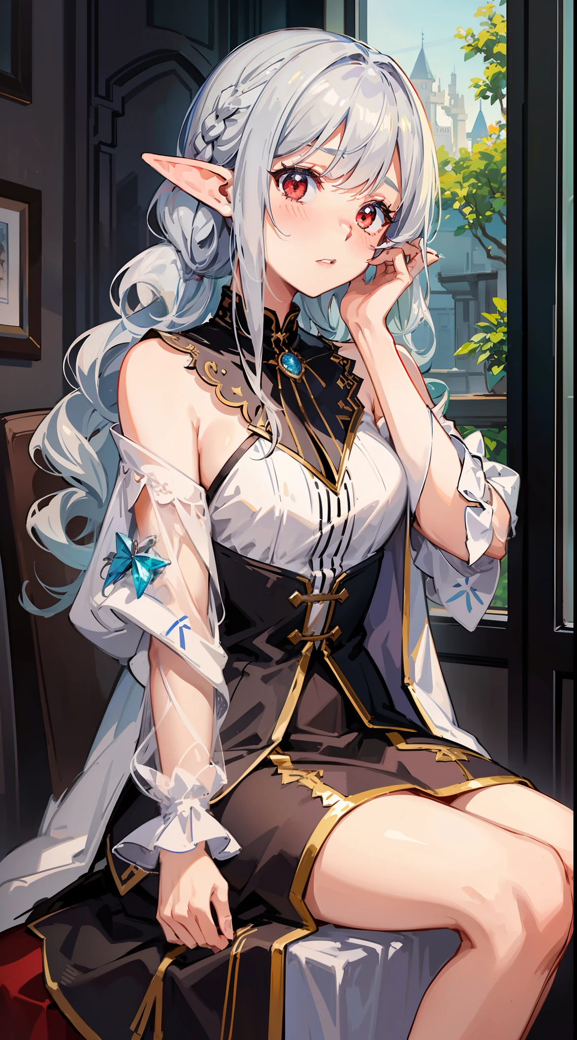 1 Girl full body, elf, silver hair, red eyes, bob cut, braid, fantasy style costume, wizard, robe, long skirt, indoors, sitting on a chair, (facing forward), ((putting both hands on their face)), (surprised), (blush), concept art, beautiful anime scene, beautiful anime scenery, top rating on pixiv, top quality, 4K
